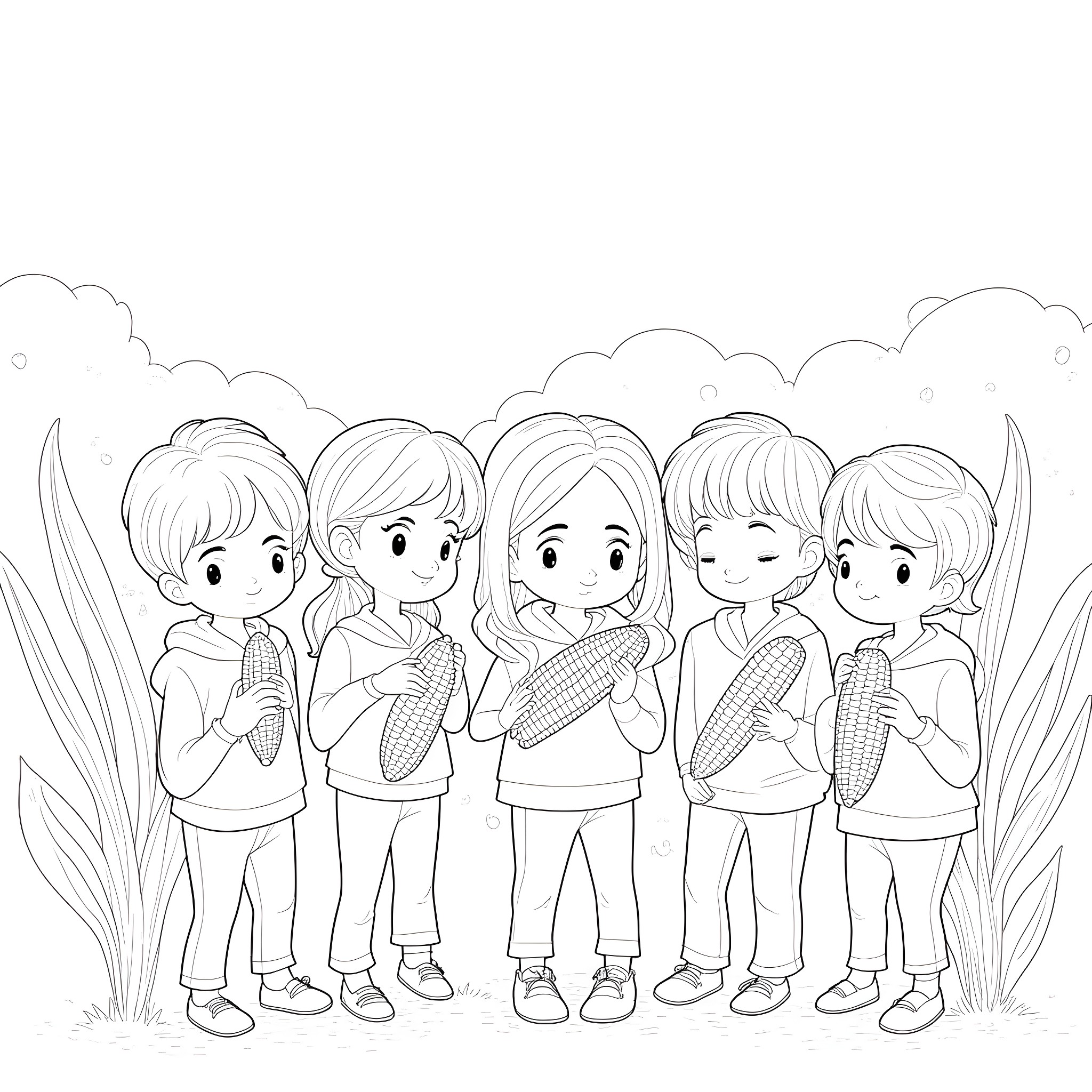 Kid Friends Picking Corn in Field Coloring Page (free black-and-white line drawing printable PDF for all, from beginners to advanced learners, including children, teens, adults, and seniors)