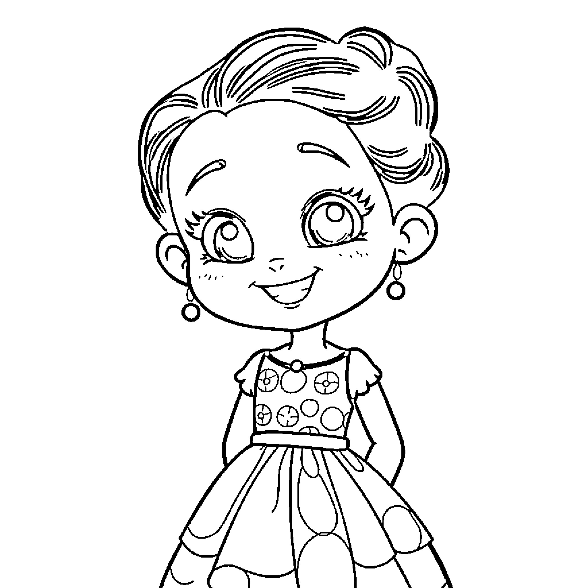 Zoey's Cheerful Expression and Stylish Outfit Coloring Page (free black-and-white line drawing printable PDF for all, from beginners to advanced learners, including children, teens, adults, and seniors)