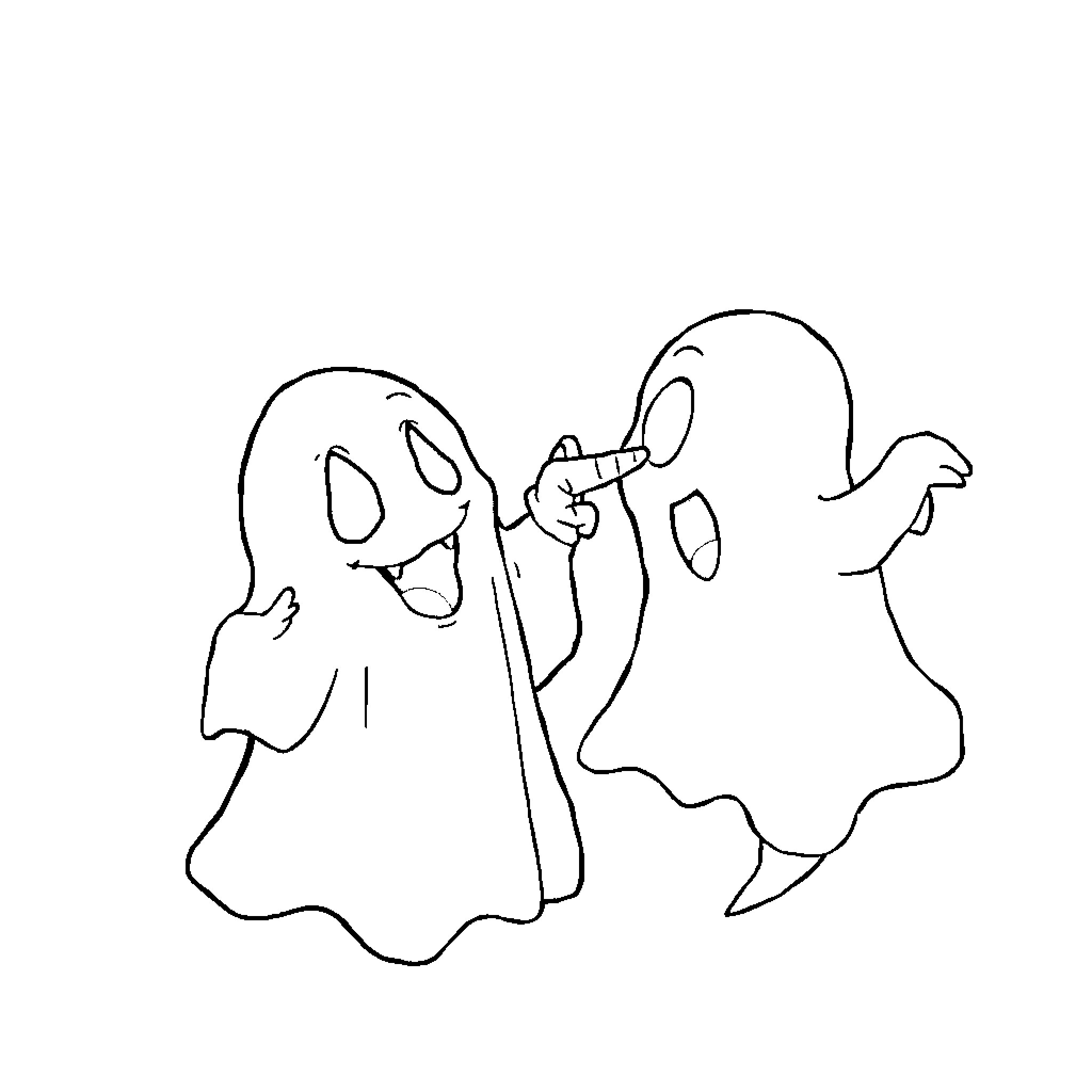 Ghost friends playfully dancing together Coloring Page (free black-and-white line drawing printable PDF for all, from beginners to advanced learners, including children, teens, adults, and seniors)