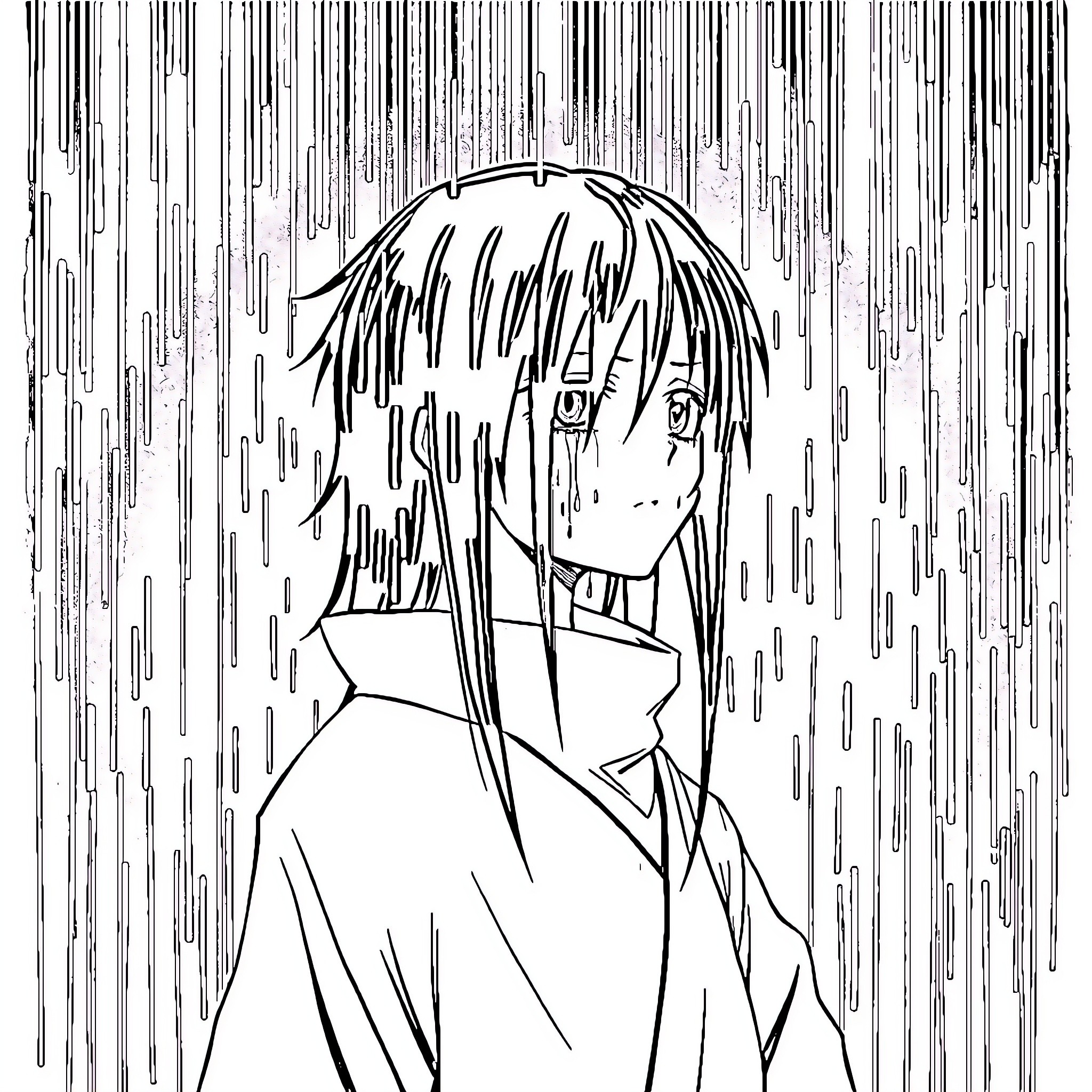 Itachi solemn expression in the rain Coloring Page (free black-and-white line drawing printable PDF for all, from beginners to advanced learners, including children, teens, adults, and seniors)