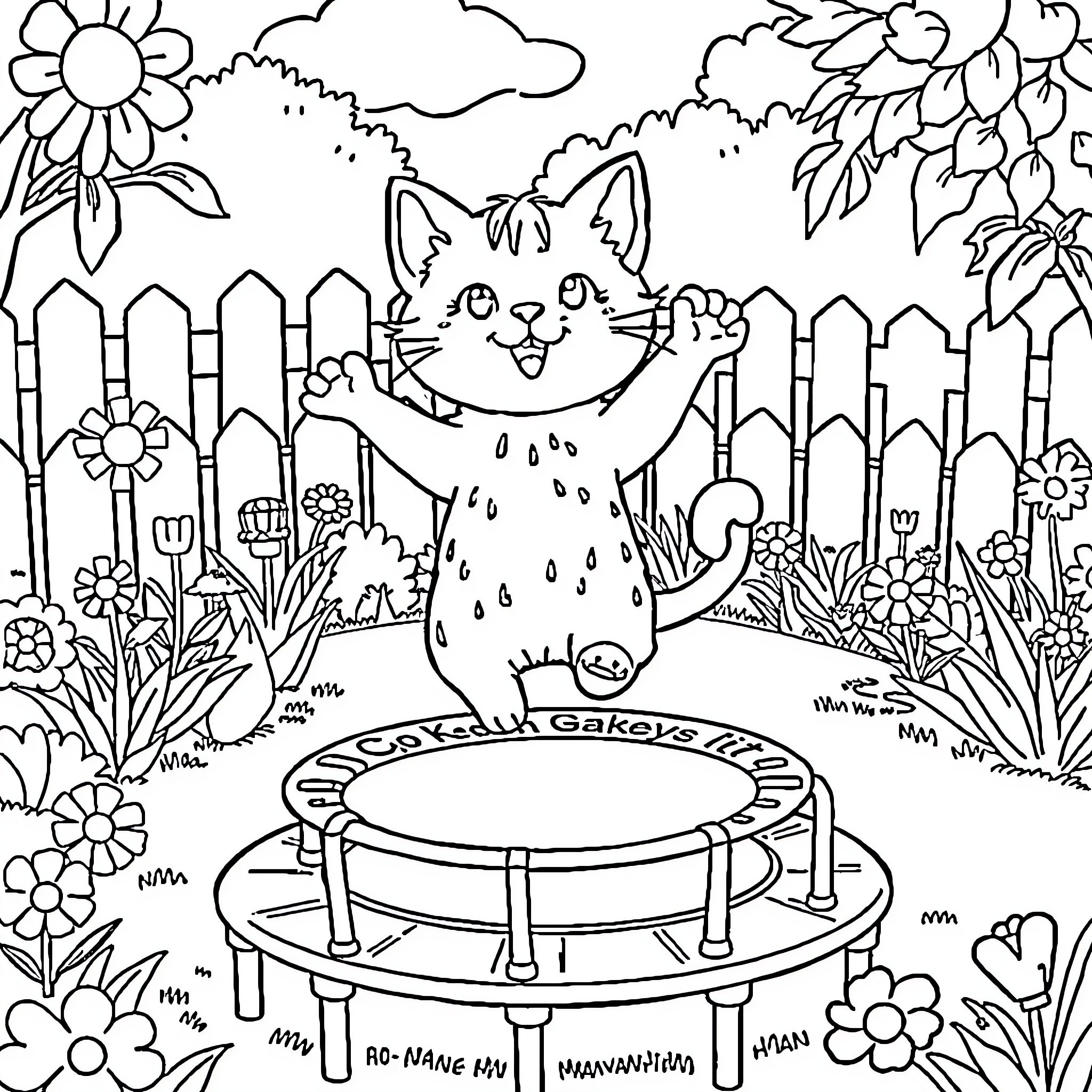 Cakey Cat playing on a trampoline in the garden Coloring Page (free black-and-white line drawing printable PDF for all, from beginners to advanced learners, including children, teens, adults, and seniors)