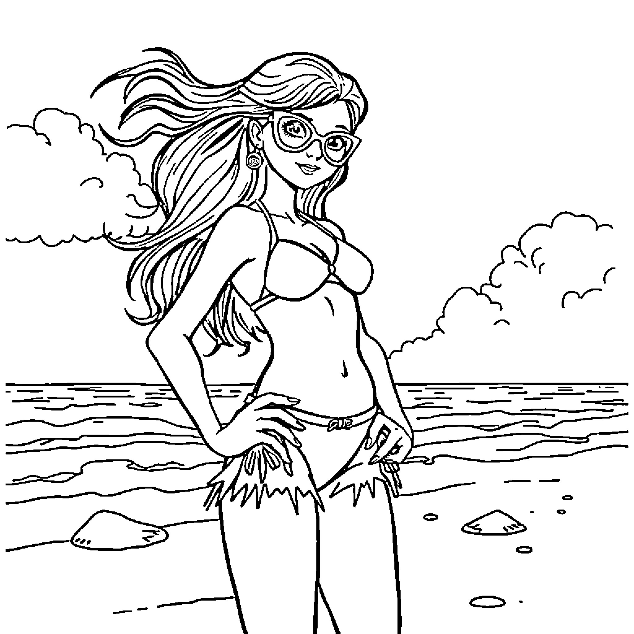 Super Girl Enjoying a Day at the Beach Coloring Page (free black-and-white line drawing printable PDF for all, from beginners to advanced learners, including children, teens, adults, and seniors)