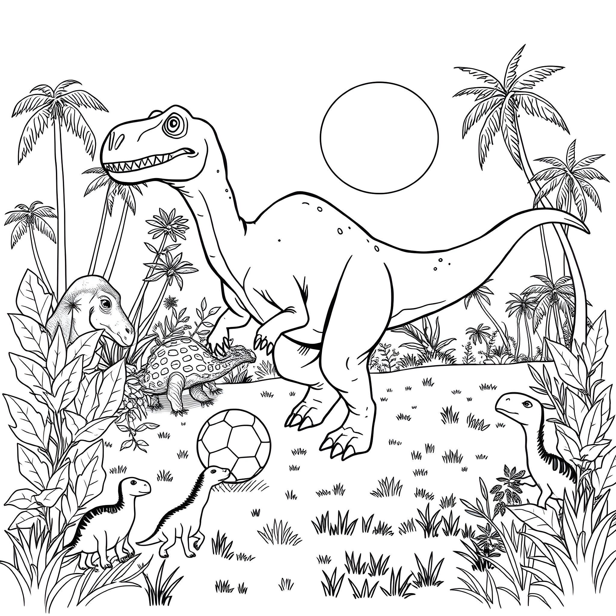 Brontosaurus exploring the prehistoric landscape Coloring Page (free black-and-white line drawing printable PDF for all, from beginners to advanced learners, including children, teens, adults, and seniors)