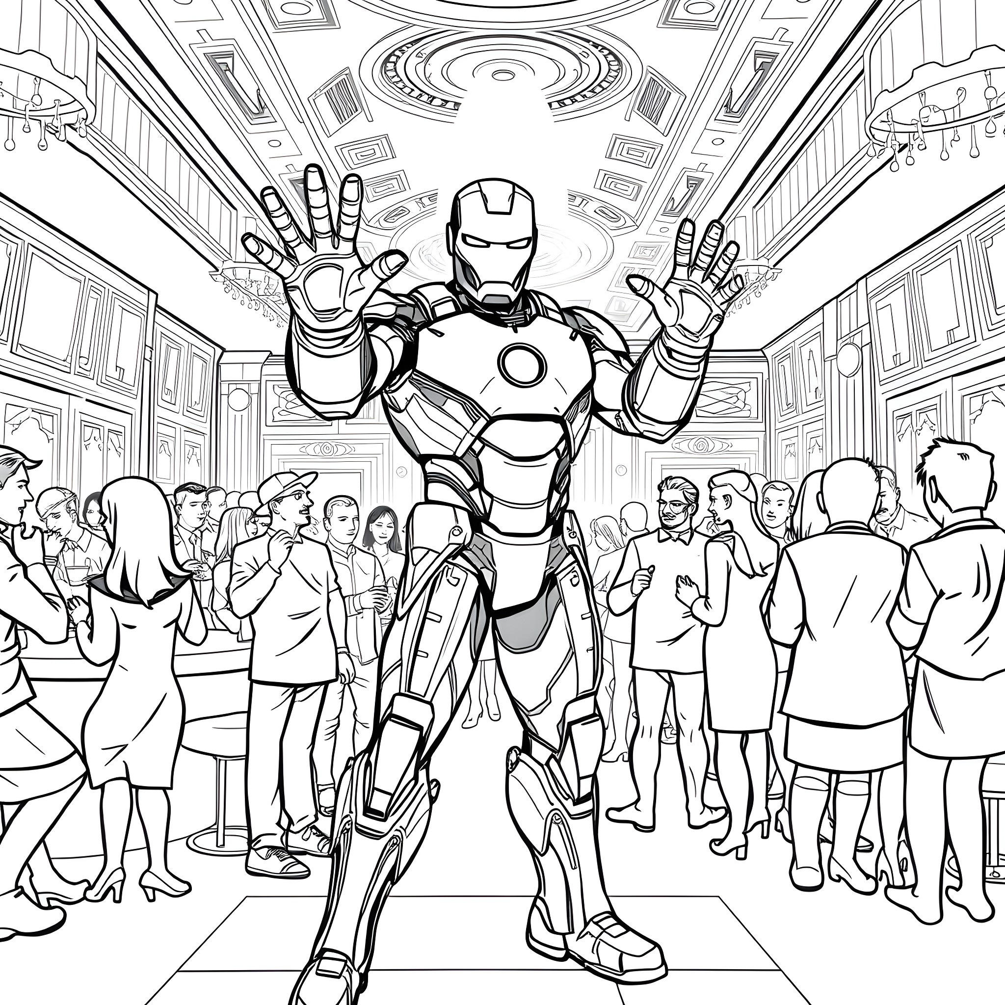 Ironman showing heroic stance in the crowded hall Coloring Page (free black-and-white line drawing printable PDF for all, from beginners to advanced learners, including children, teens, adults, and seniors)