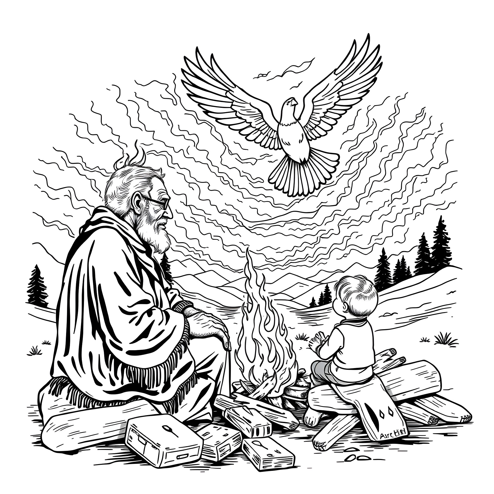 Elder wisdom and divine guidance in nature's embrace Coloring Page (free black-and-white line drawing printable PDF for all, from beginners to advanced learners, including children, teens, adults, and seniors)