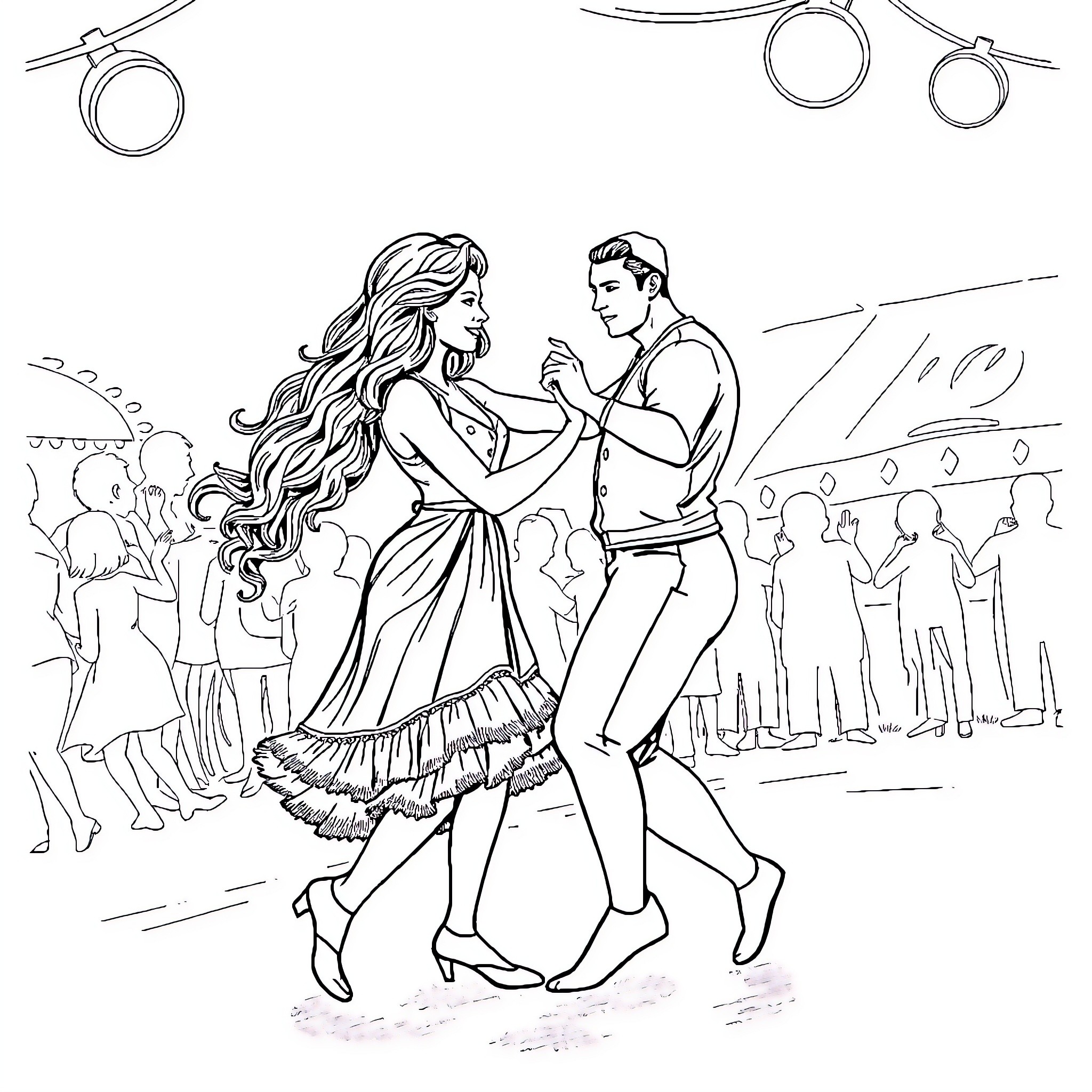 Pinky and Partner Dancing Elegantly in the Spotlight Coloring Page (free black-and-white line drawing printable PDF for all, from beginners to advanced learners, including children, teens, adults, and seniors)