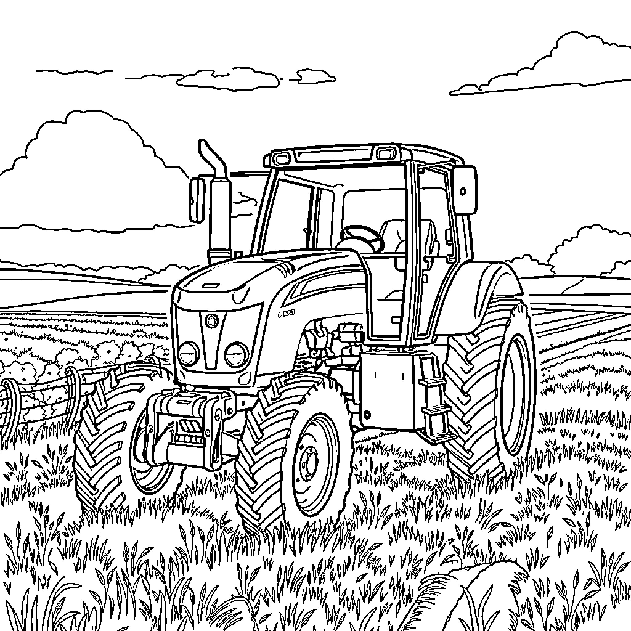 Tractor working in the countryside landscape Coloring Page (free black-and-white line drawing printable PDF for all, from beginners to advanced learners, including children, teens, adults, and seniors)