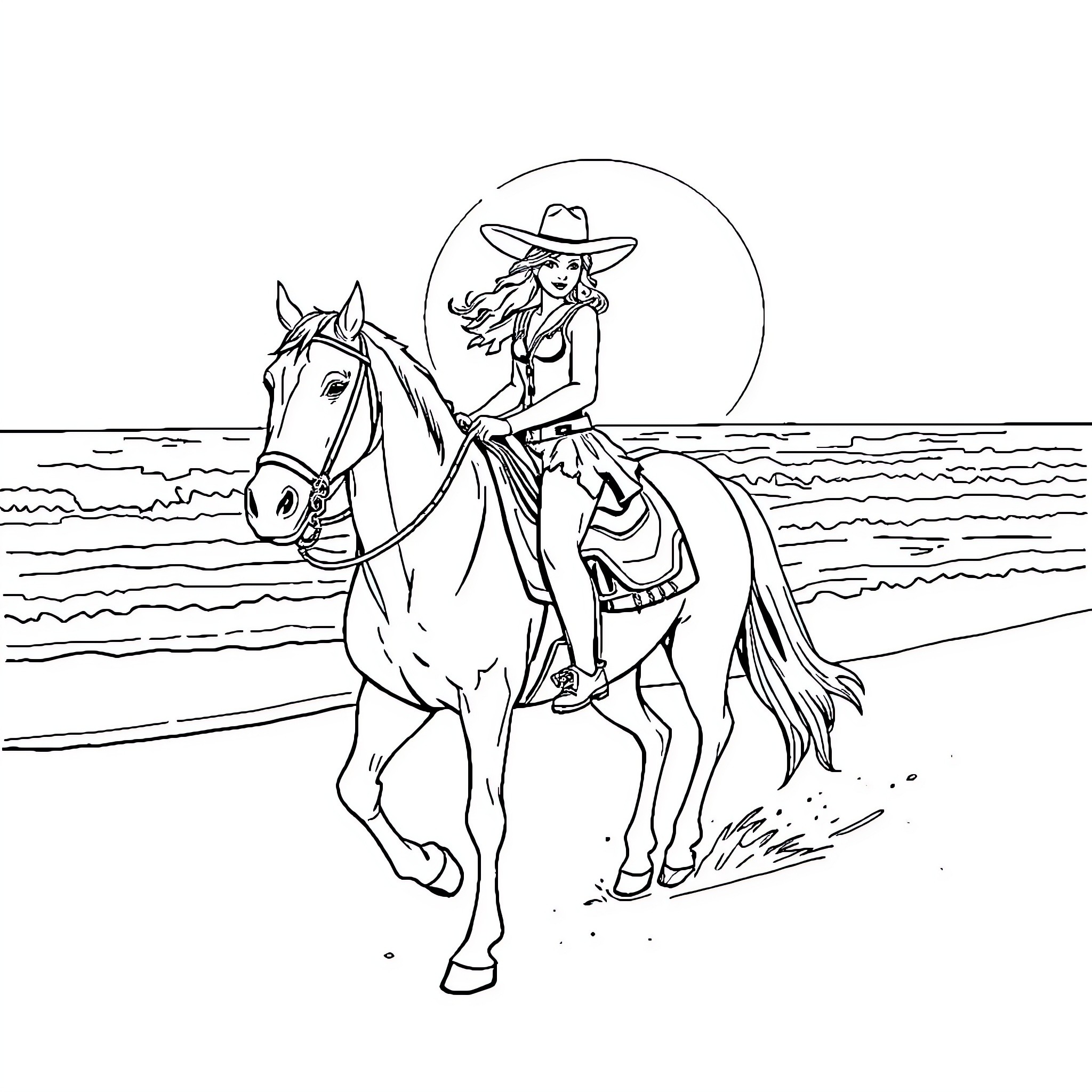 Cowgirl riding horse along the beach Coloring Page (free black-and-white line drawing printable PDF for all, from beginners to advanced learners, including children, teens, adults, and seniors)