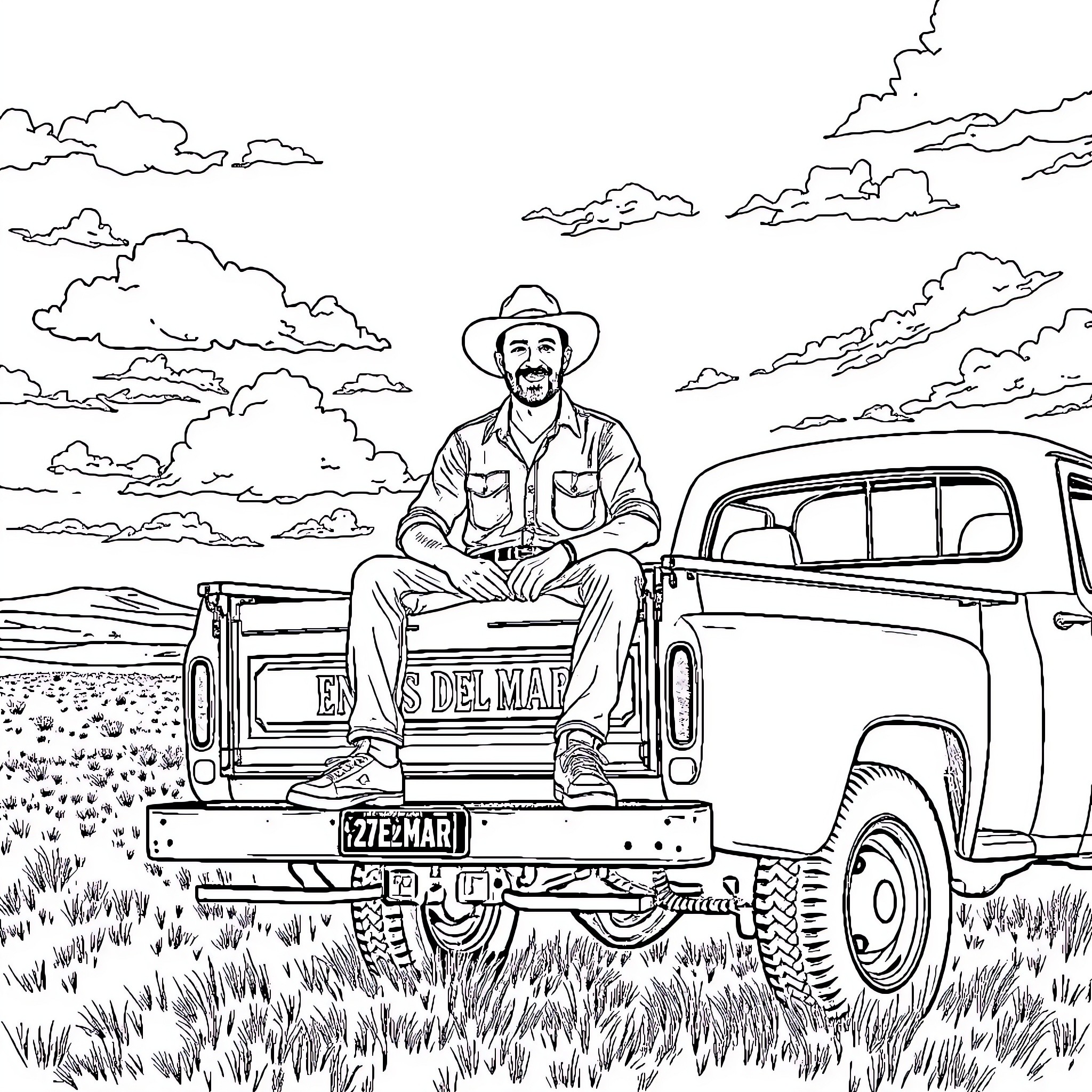 Ennis del Mar rides in truck with cowboy hat across countryside Coloring Page (free black-and-white line drawing printable PDF for all, from beginners to advanced learners, including children, teens, adults, and seniors)