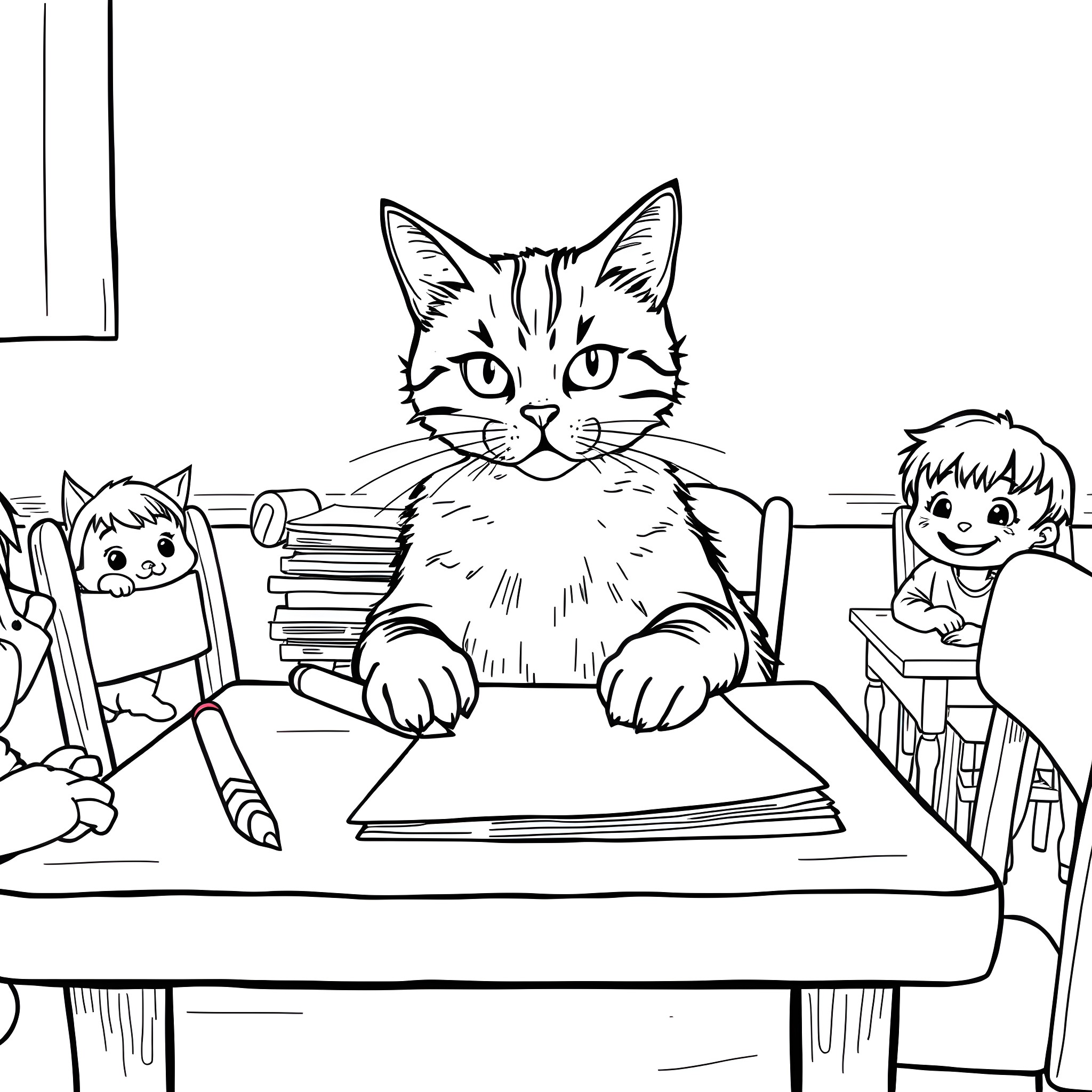 Cat in a study room with children Coloring Page (free black-and-white line drawing printable PDF for all, from beginners to advanced learners, including children, teens, adults, and seniors)