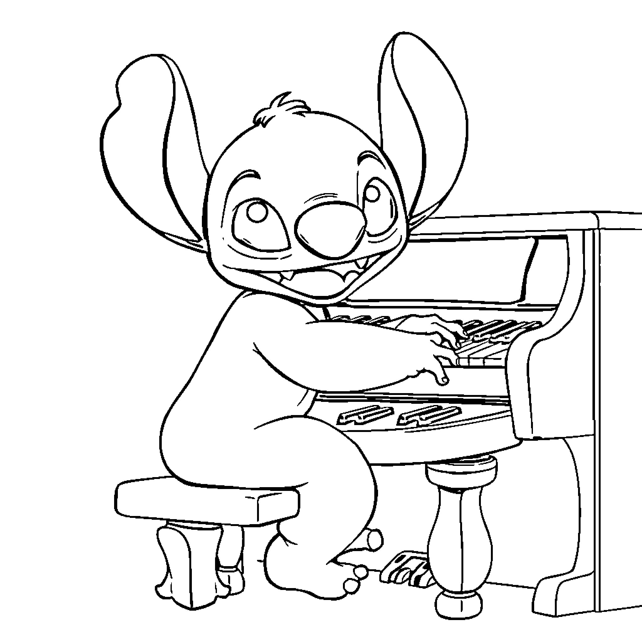 Stitch playing the piano with a happy expression Coloring Page (free black-and-white line drawing printable PDF for all, from beginners to advanced learners, including children, teens, adults, and seniors)
