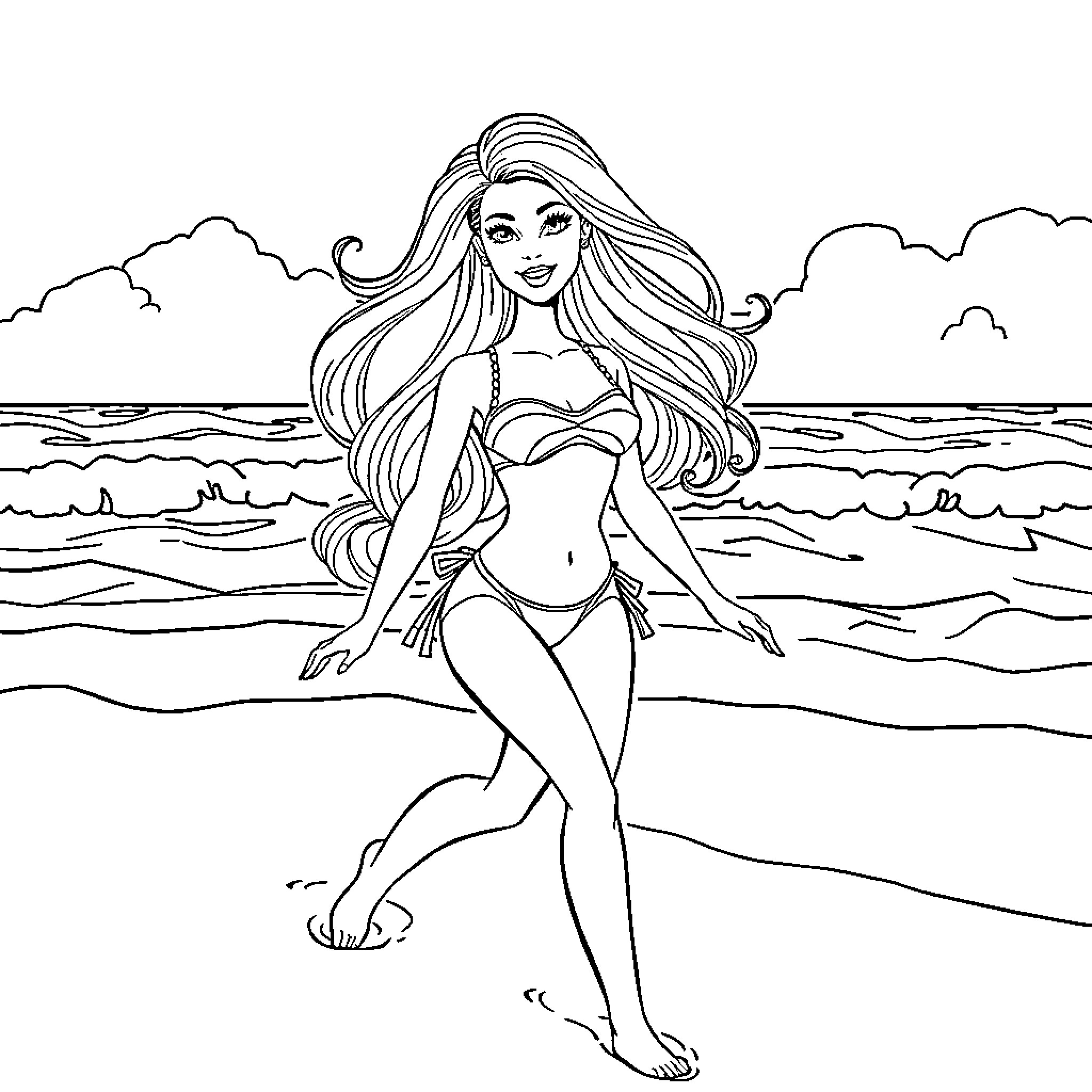 Barbie enjoying a day at the beach Coloring Page (free black-and-white line drawing printable PDF for all, from beginners to advanced learners, including children, teens, adults, and seniors)