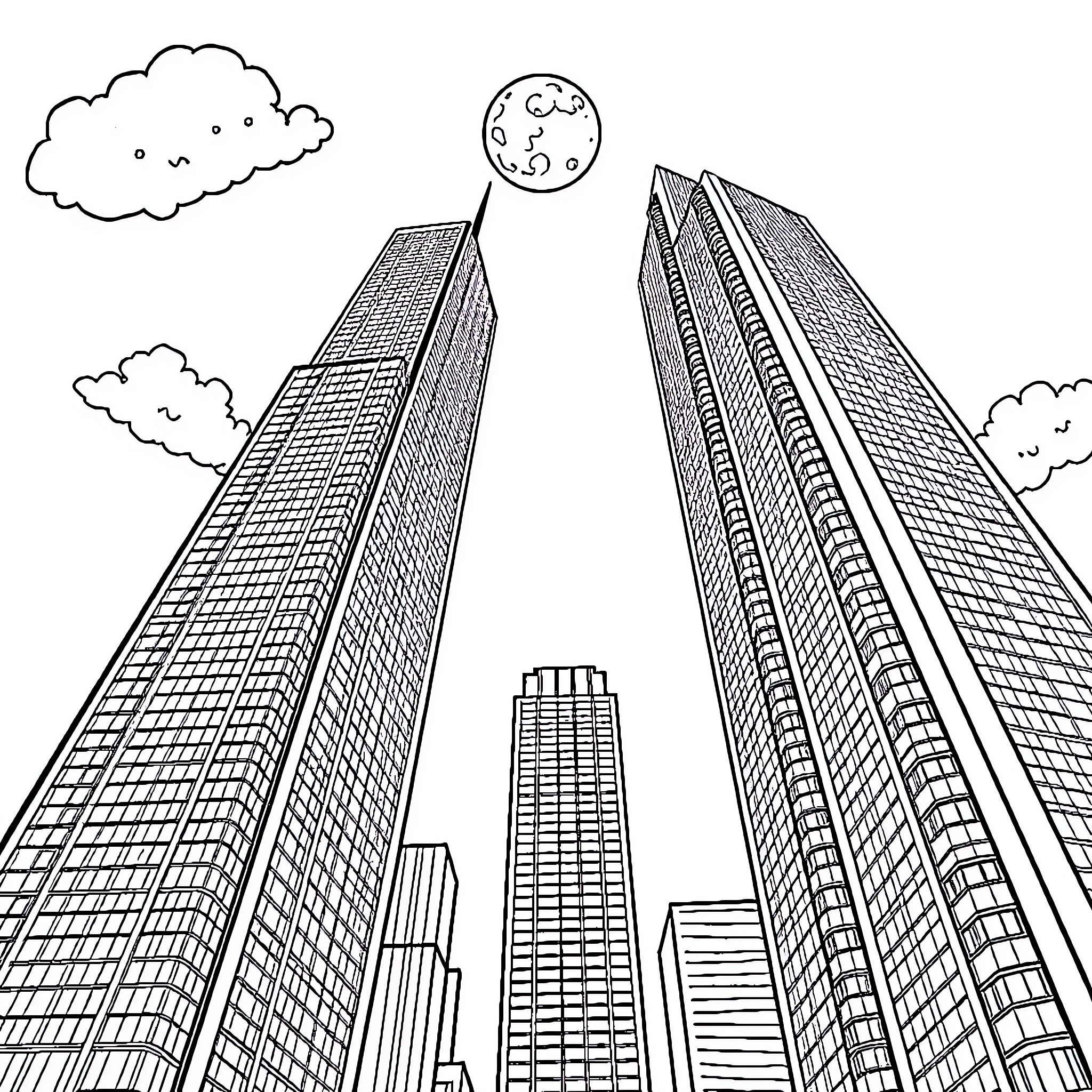 Building skyline with towering skyscrapers and night sky Coloring Page (free black-and-white line drawing printable PDF for all, from beginners to advanced learners, including children, teens, adults, and seniors)
