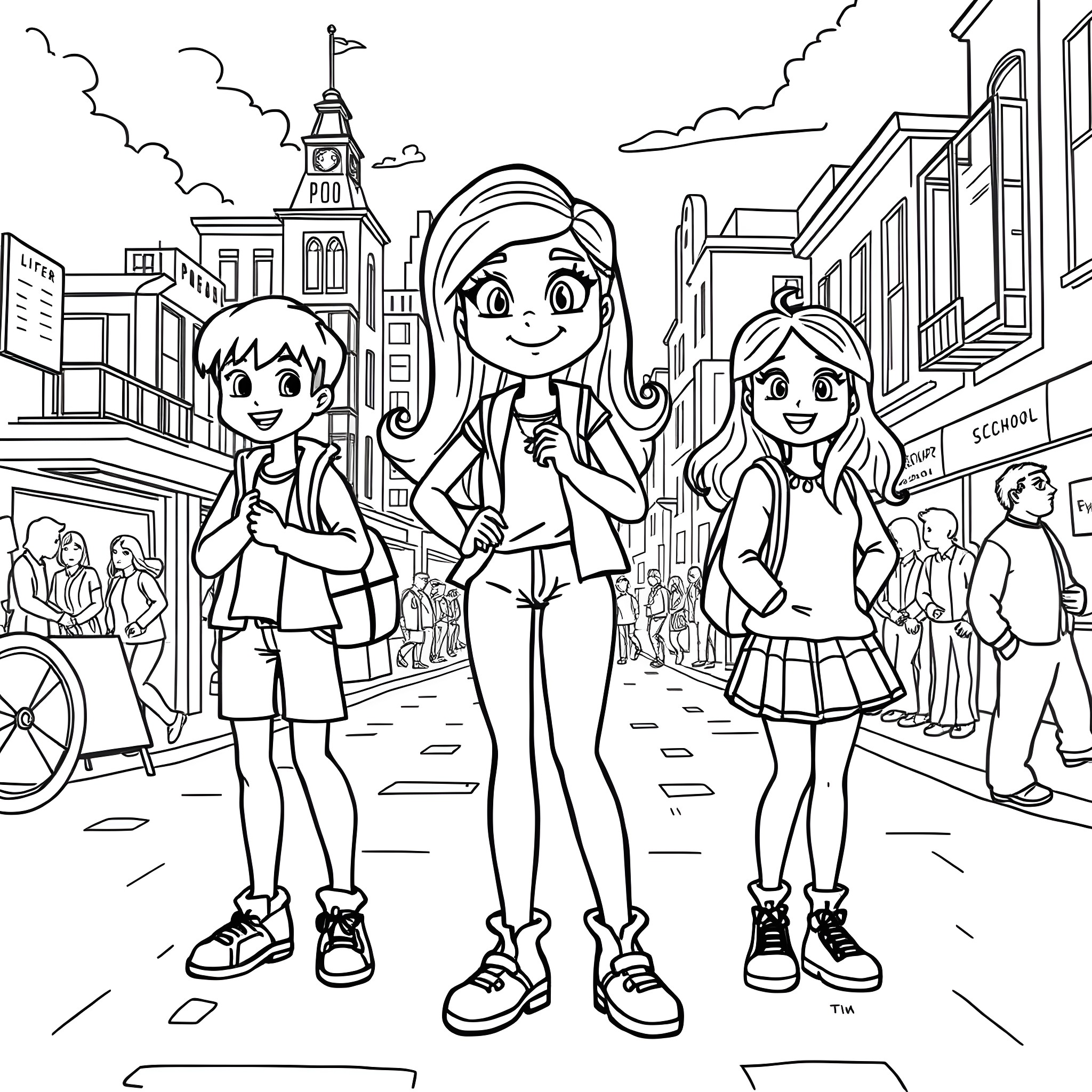Lizzie McGuire and Friends Explore the City Coloring Page (free black-and-white line drawing printable PDF for all, from beginners to advanced learners, including children, teens, adults, and seniors)