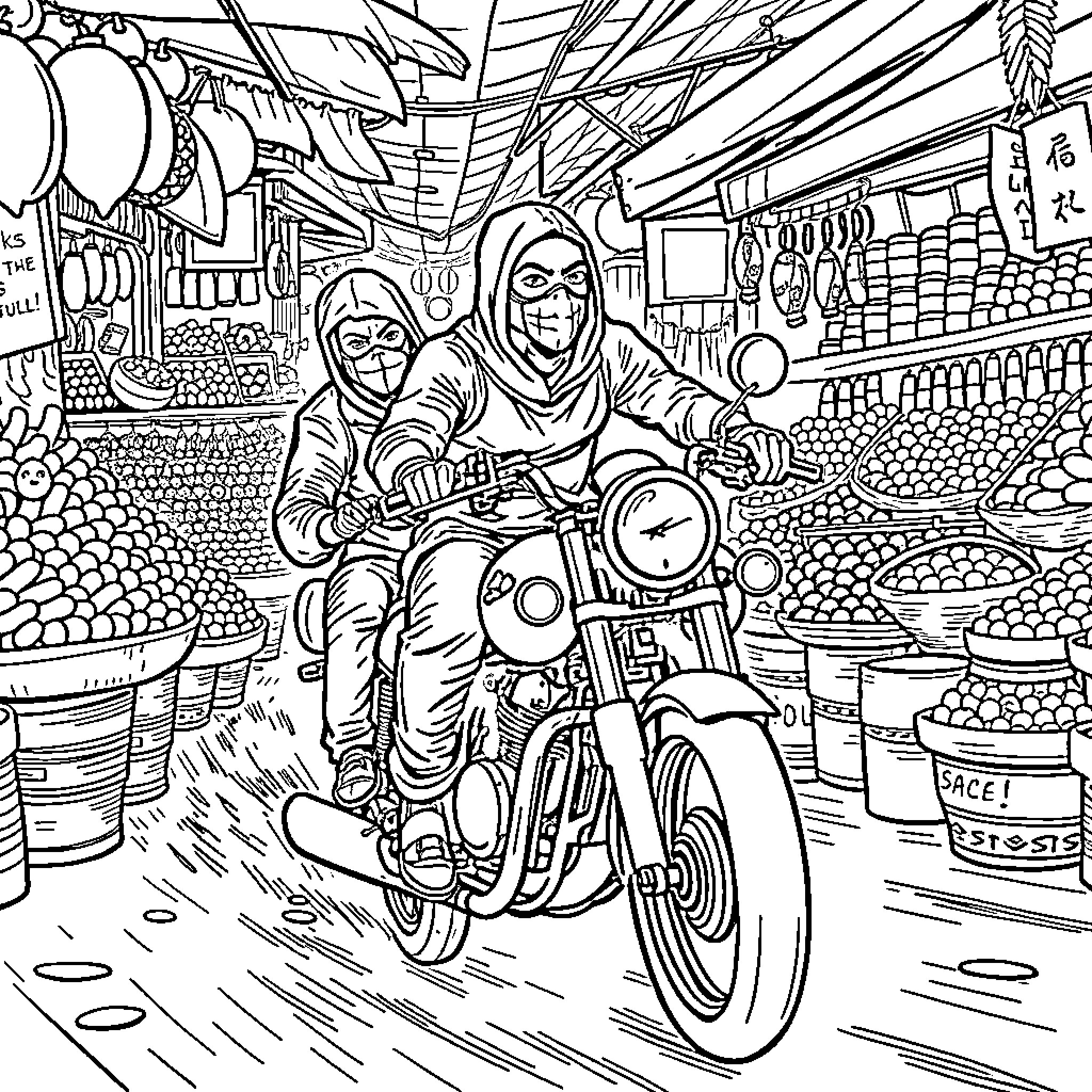 Thug Riders Prowling Through the Marketplace Coloring Page (free black-and-white line drawing printable PDF for all, from beginners to advanced learners, including children, teens, adults, and seniors)
