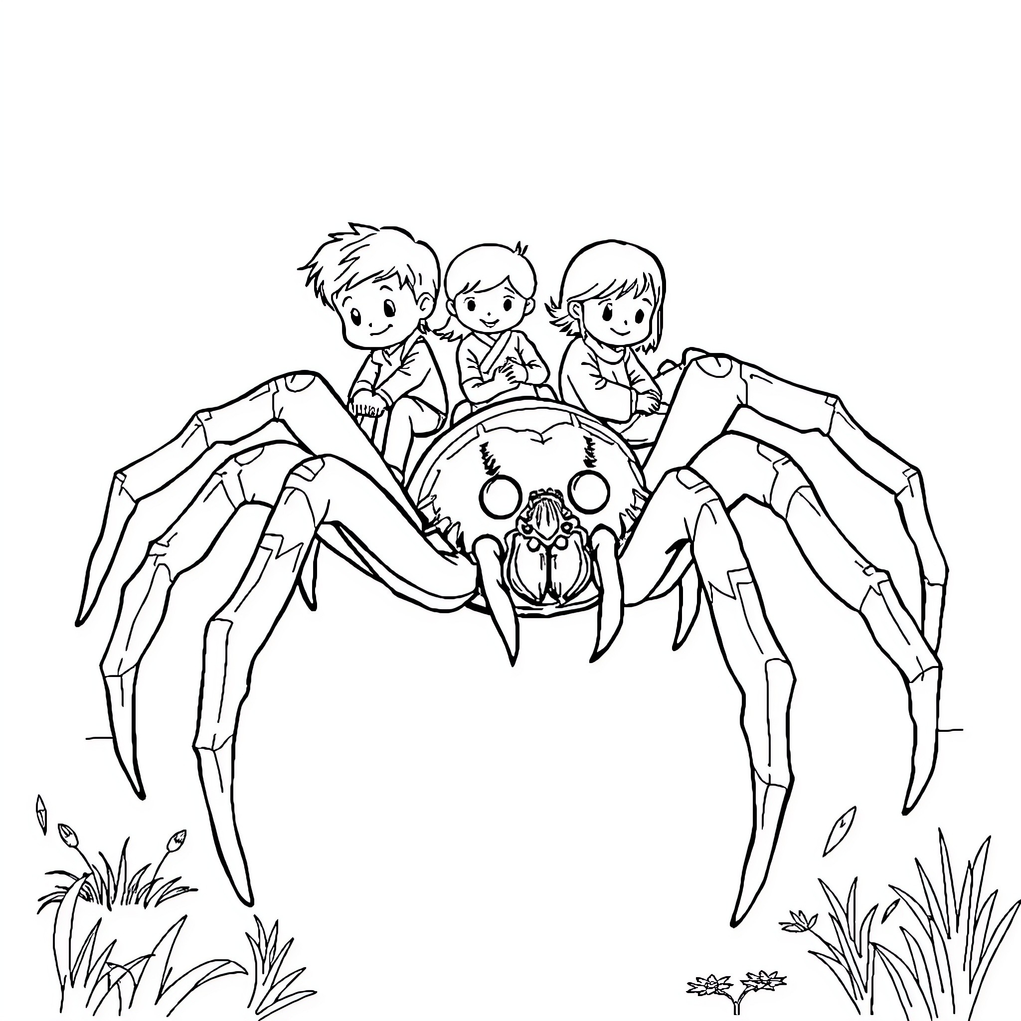 Spider-like creature with children exploring nature Coloring Page (free black-and-white line drawing printable PDF for all, from beginners to advanced learners, including children, teens, adults, and seniors)
