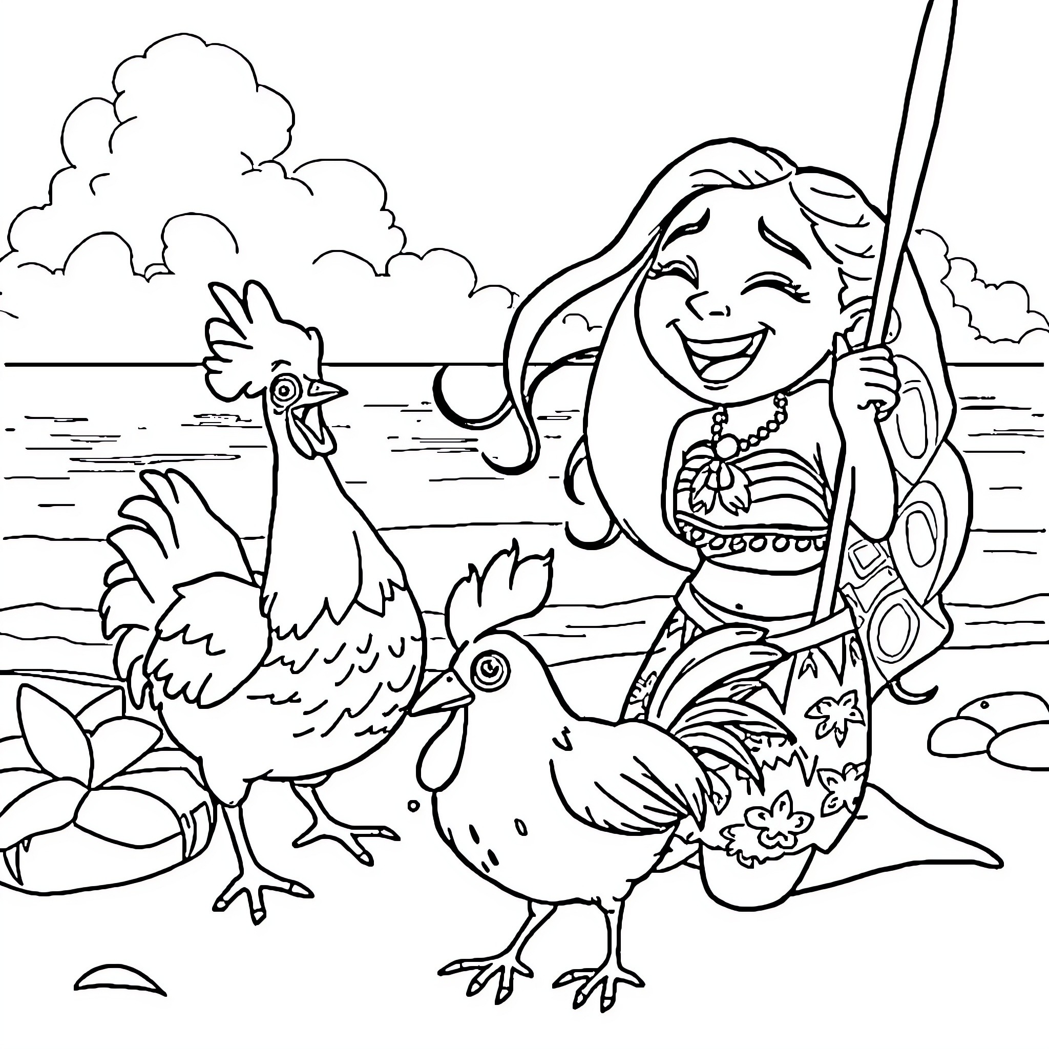Moana interacting with animals in a tropical setting Coloring Page (free black-and-white line drawing printable PDF for all, from beginners to advanced learners, including children, teens, adults, and seniors)