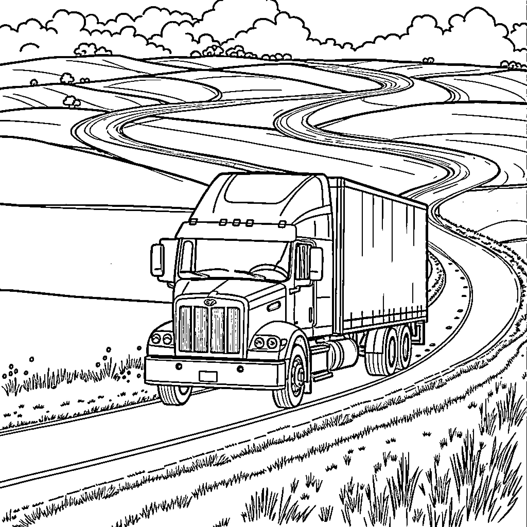 Truck transporting goods along winding country road Coloring Page (free black-and-white line drawing printable PDF for all, from beginners to advanced learners, including children, teens, adults, and seniors)