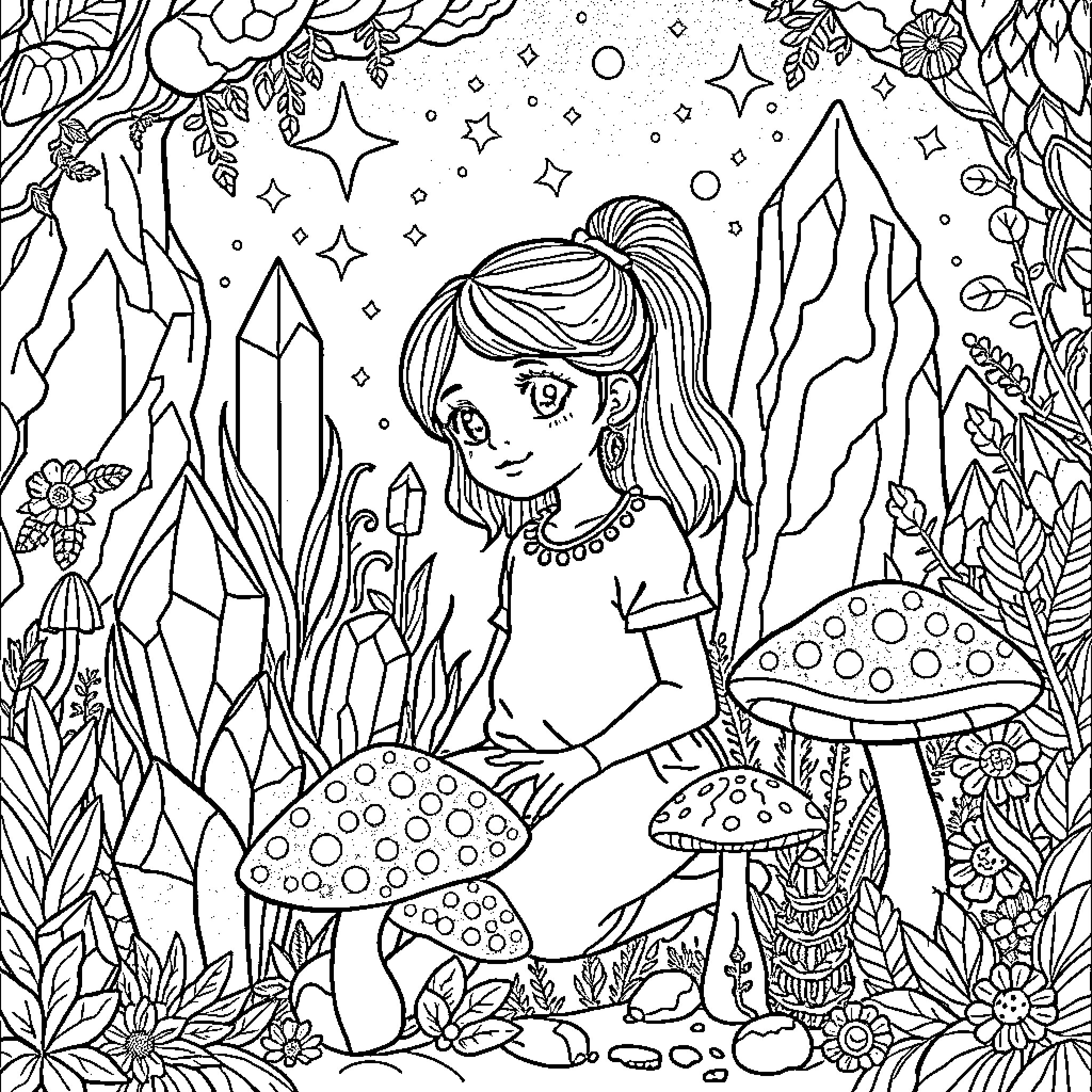 Jessica's Whimsical Adventure in the Enchanted Forest Coloring Page (free black-and-white line drawing printable PDF for all, from beginners to advanced learners, including children, teens, adults, and seniors)