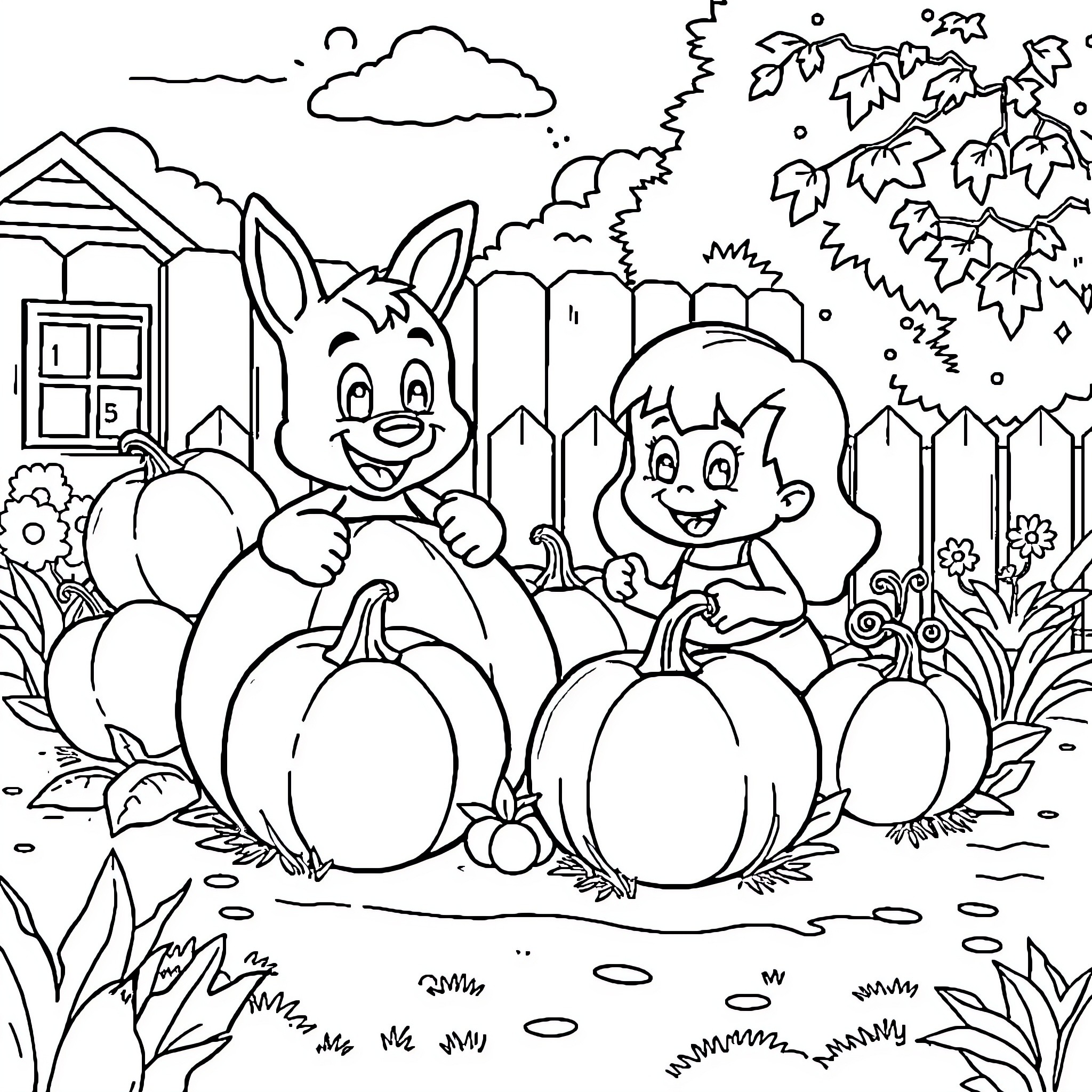 Bluey and friends explore the pumpkin patch Coloring Page (free black-and-white line drawing printable PDF for all, from beginners to advanced learners, including children, teens, adults, and seniors)