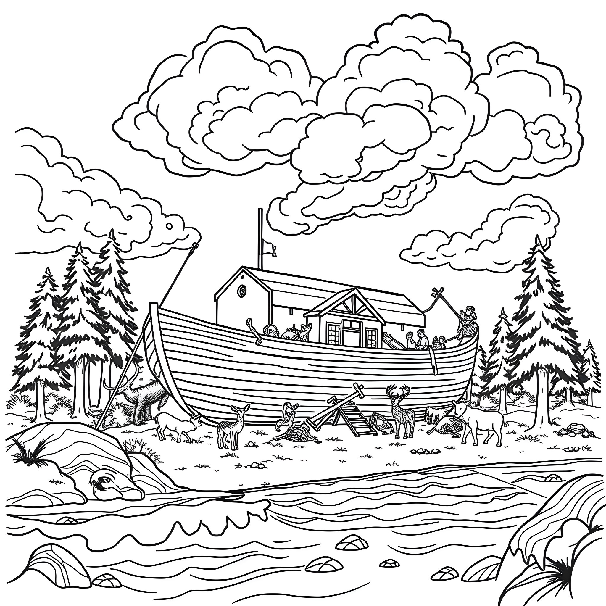 Noah's Ark Docked Amid Stormy Clouds Coloring Page (free black-and-white line drawing printable PDF for all, from beginners to advanced learners, including children, teens, adults, and seniors)