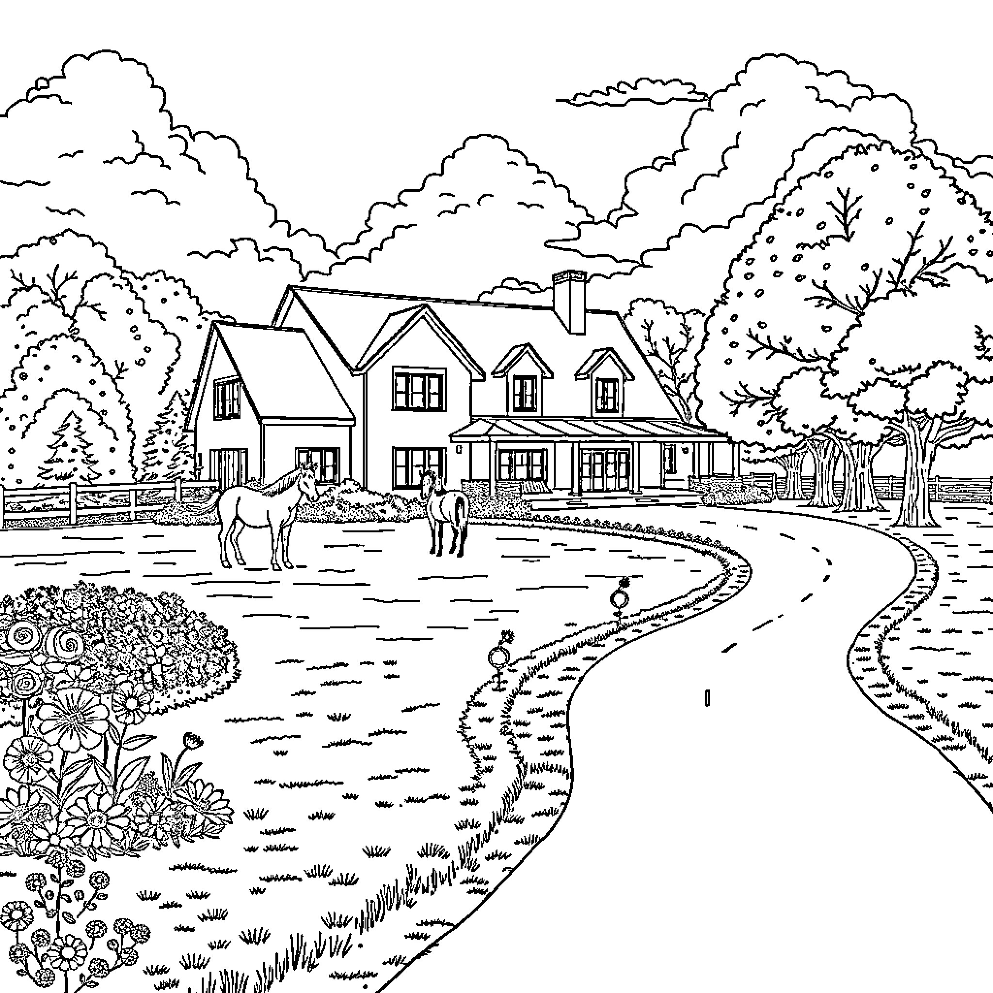 House in the Countryside with Horses Coloring Page (free black-and-white line drawing printable PDF for all, from beginners to advanced learners, including children, teens, adults, and seniors)