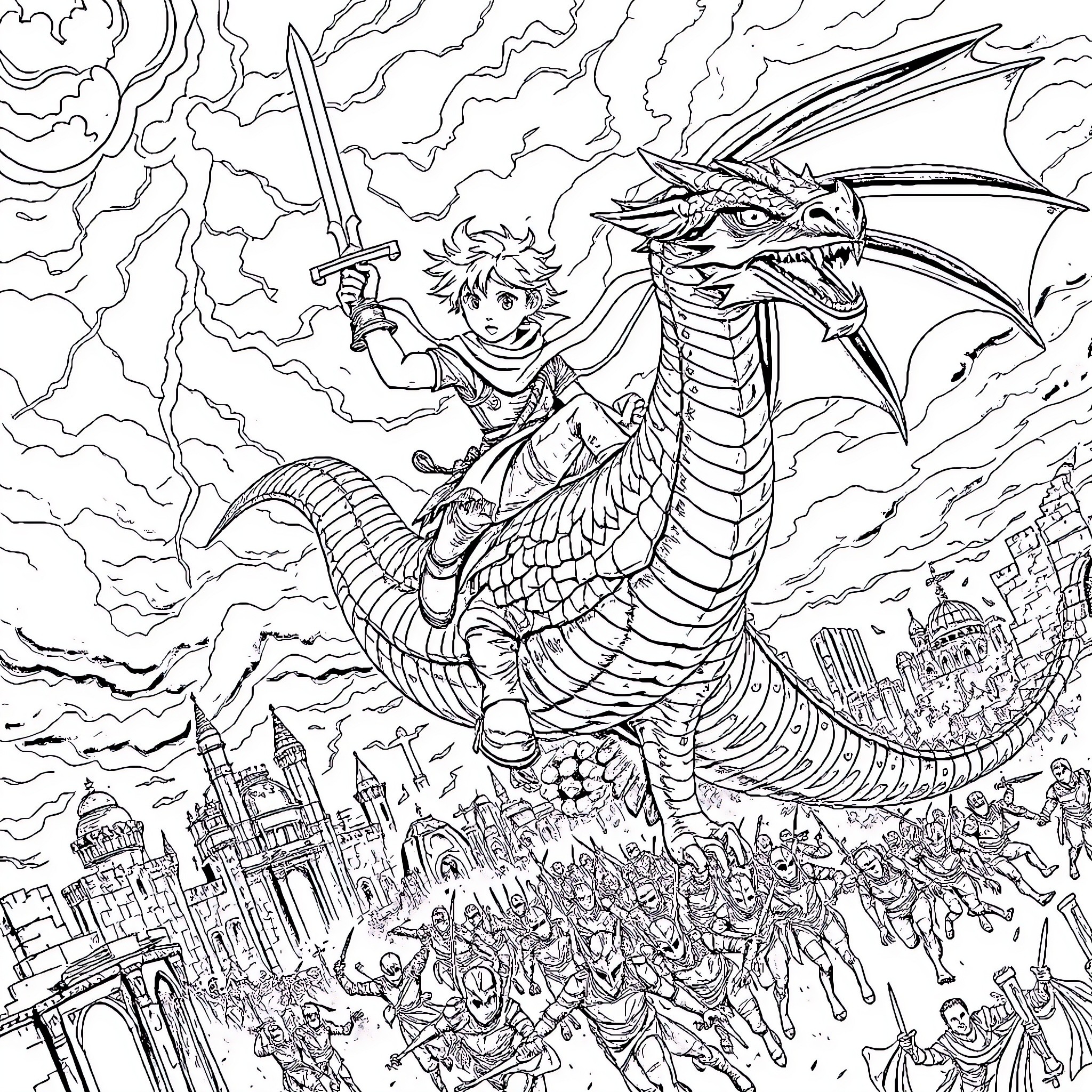 Boy riding a majestic dragon over a fantastical city Coloring Page (free black-and-white line drawing printable PDF for all, from beginners to advanced learners, including children, teens, adults, and seniors)