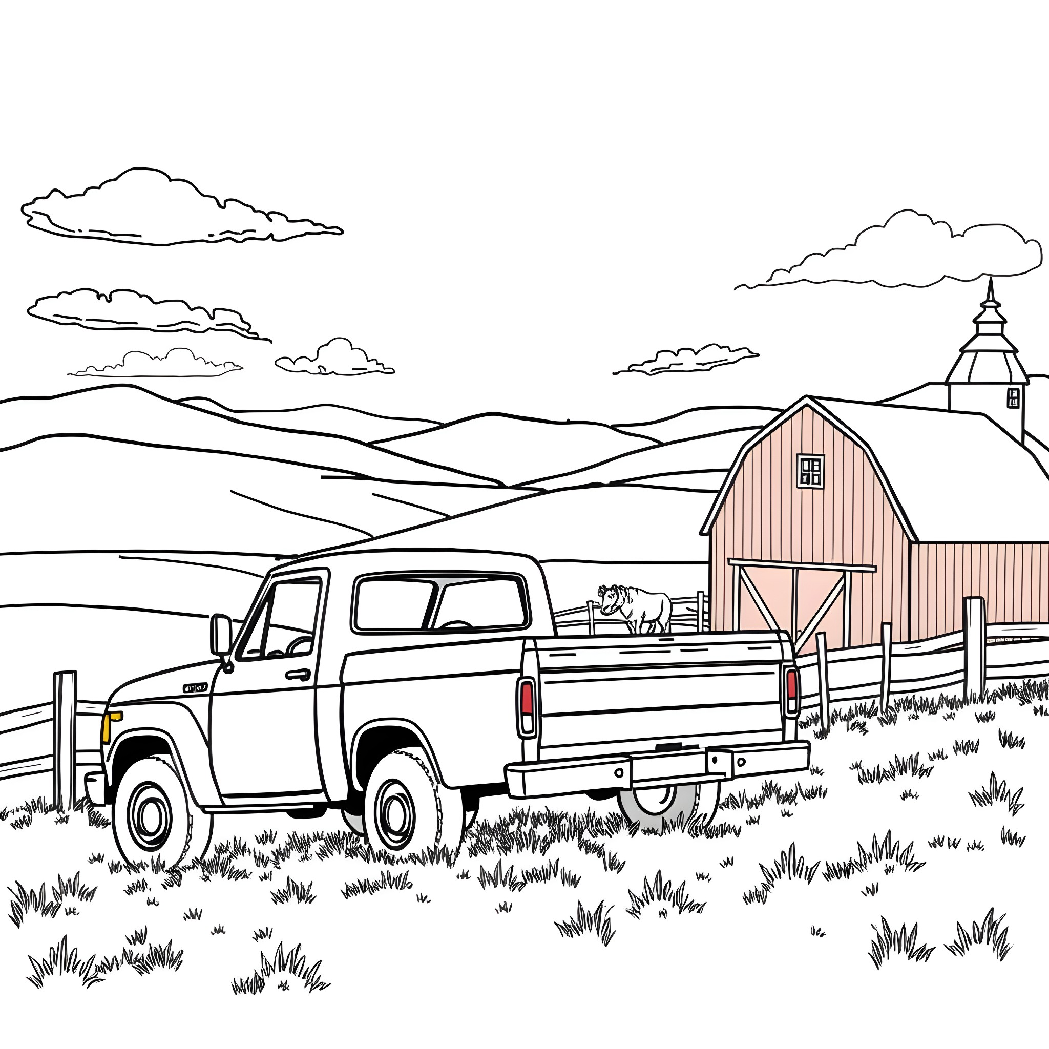 Pickup truck in rural countryside landscape Coloring Page (free black-and-white line drawing printable PDF for all, from beginners to advanced learners, including children, teens, adults, and seniors)