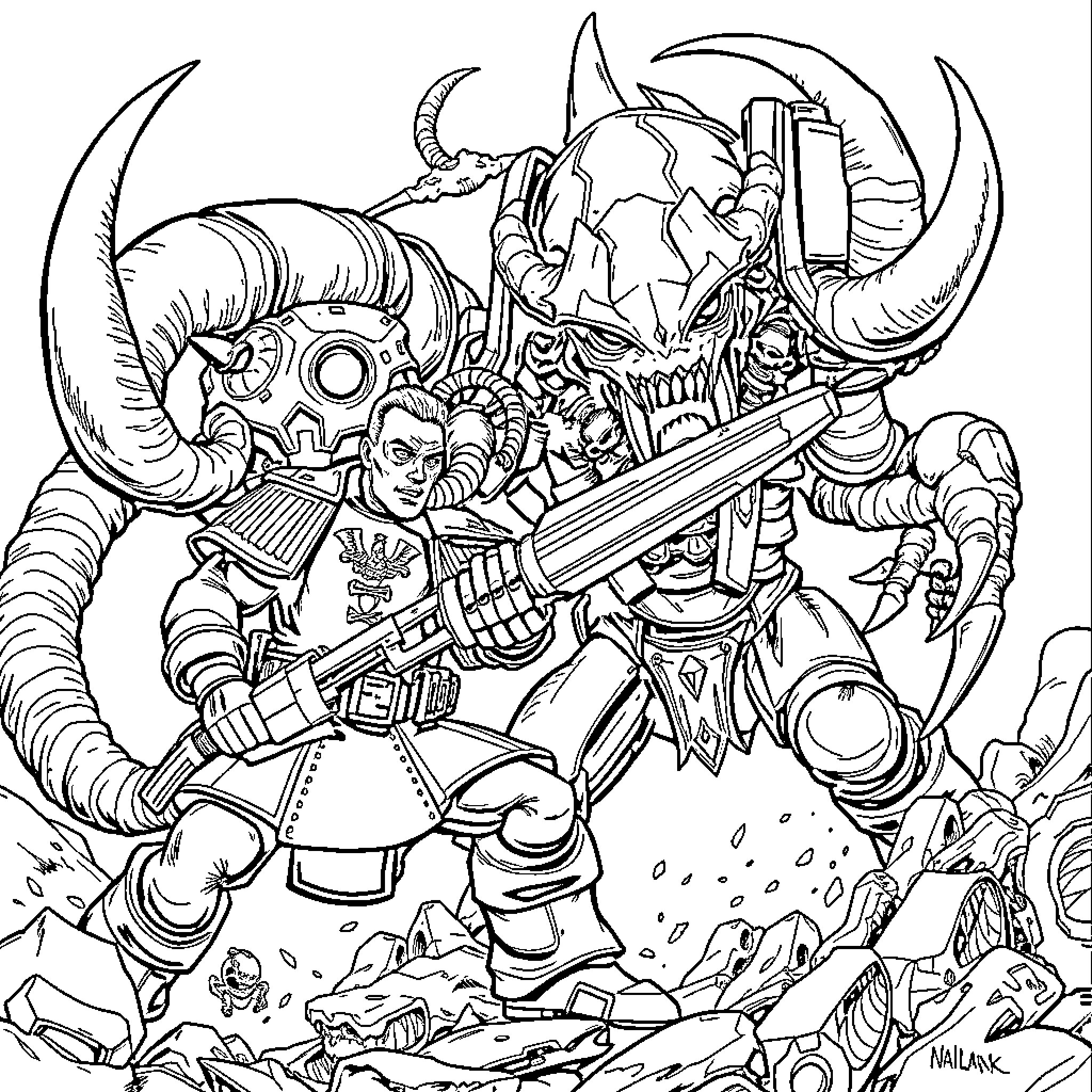 Commissar Heroically Battles Monstrous Foes in Ruined Landscape Coloring Page (free black-and-white line drawing printable PDF for all, from beginners to advanced learners, including children, teens, adults, and seniors)