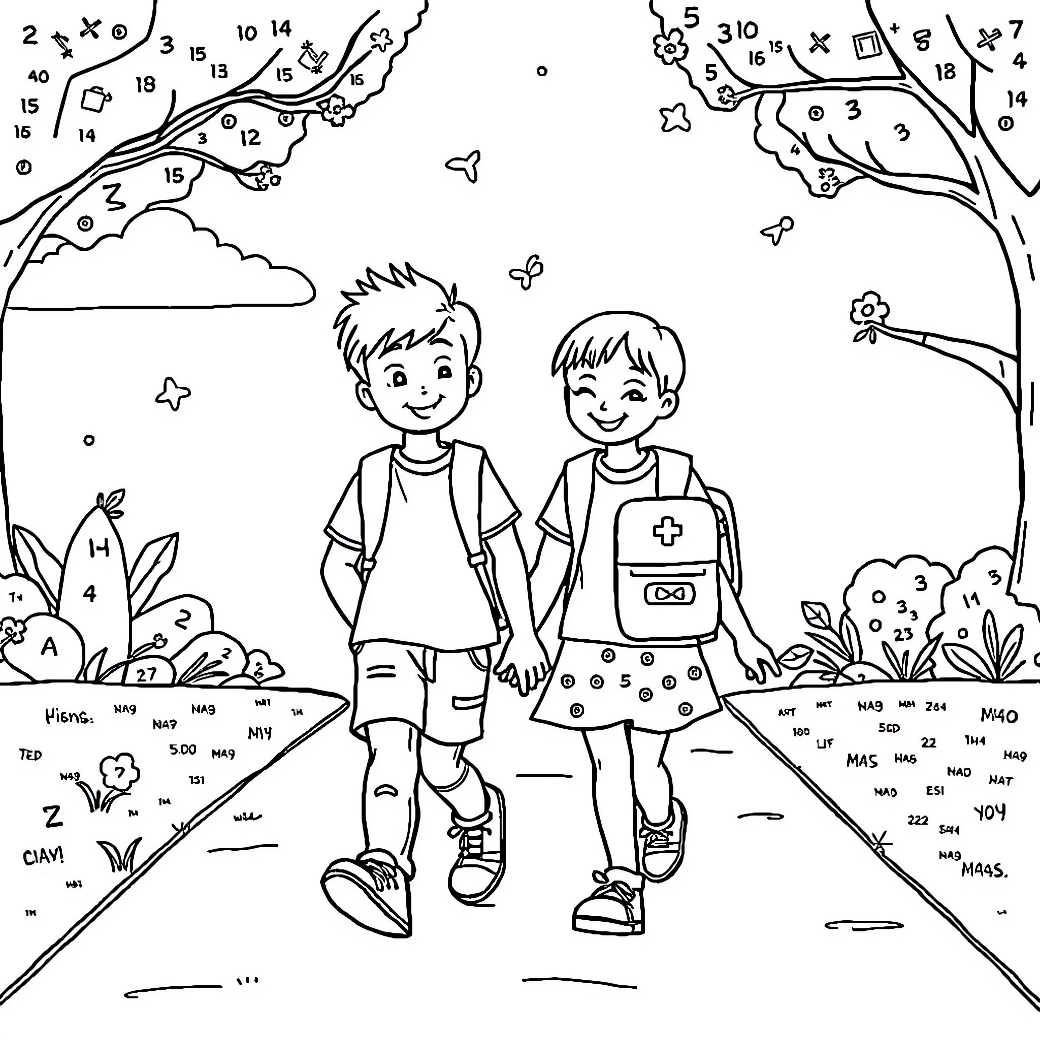 Math Symbol Kids Playing Outdoors Coloring Page (free black-and-white line drawing printable PDF for all, from beginners to advanced learners, including children, teens, adults, and seniors)