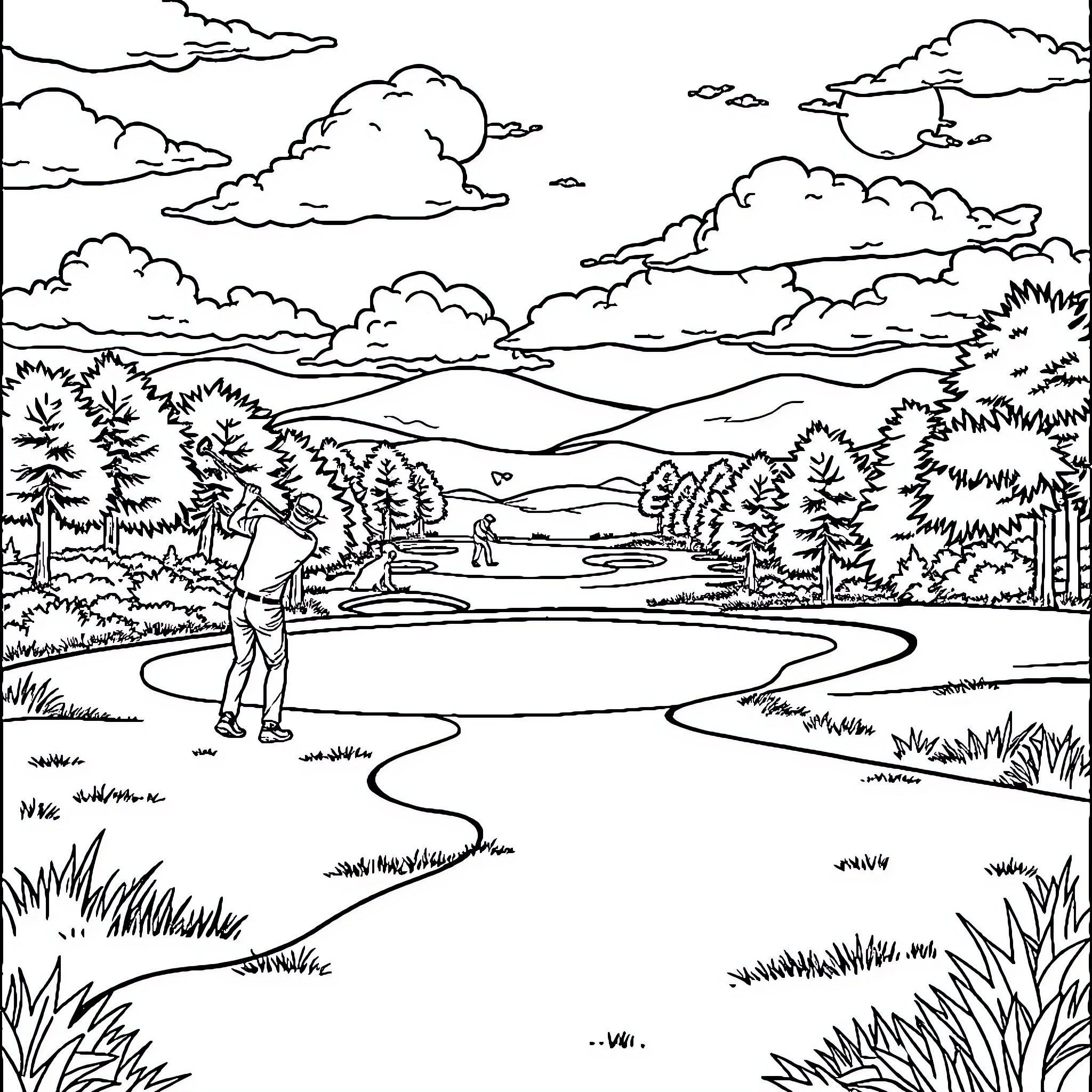 Golf scenery with golfer in serene landscape Coloring Page (free black-and-white line drawing printable PDF for all, from beginners to advanced learners, including children, teens, adults, and seniors)