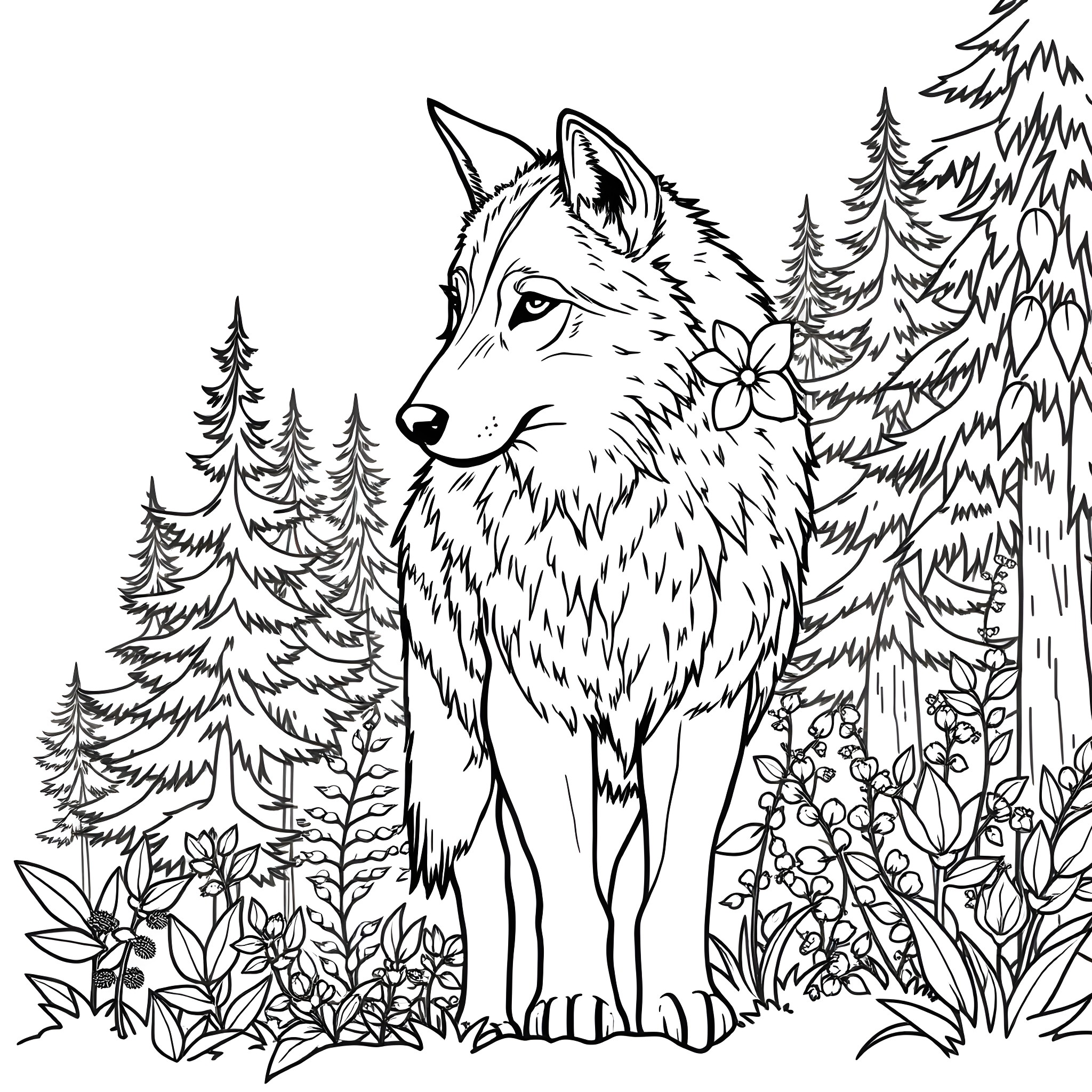 Wolf in the Enchanted Forest Coloring Page (free black-and-white line drawing printable PDF for all, from beginners to advanced learners, including children, teens, adults, and seniors)