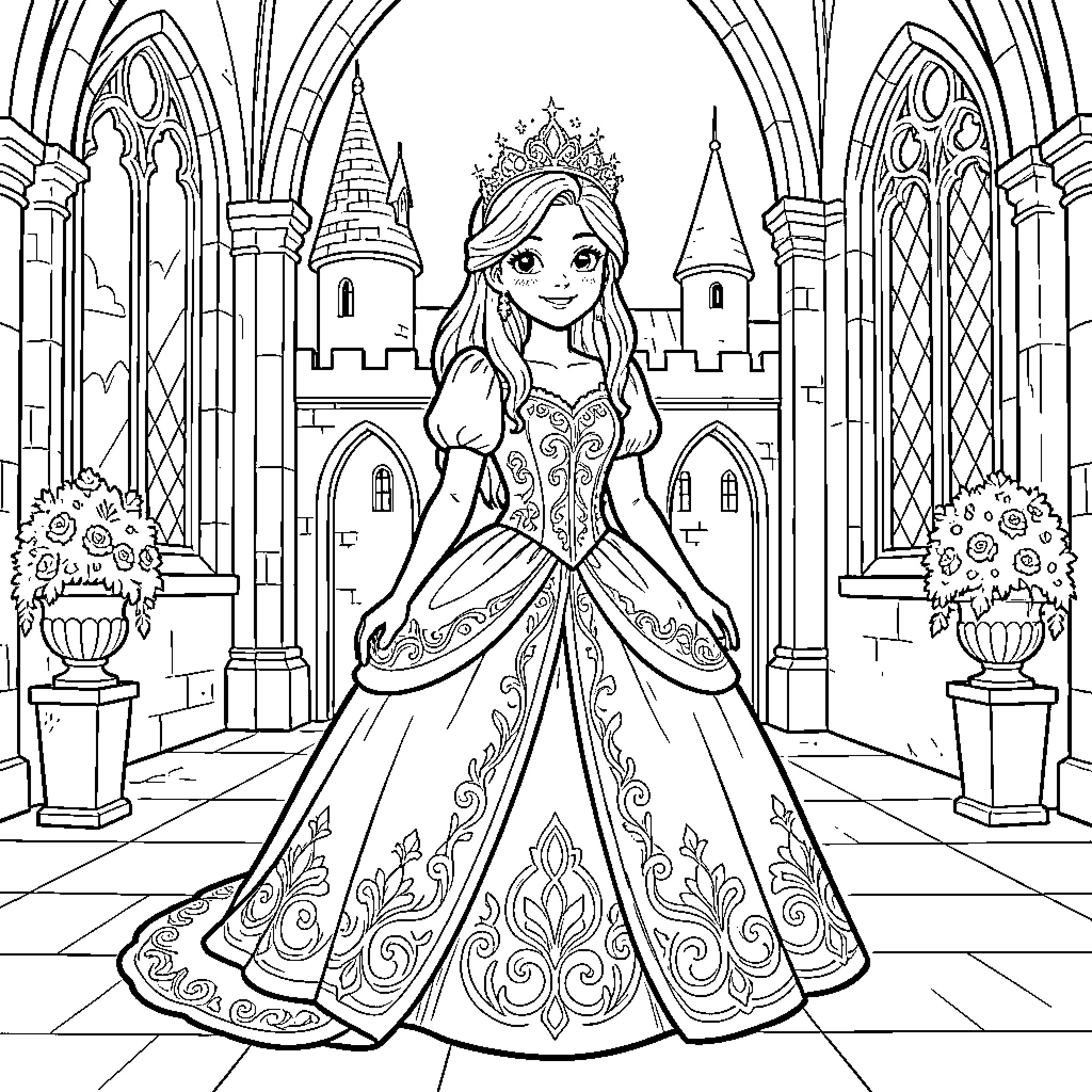 Princess standing elegantly in front of a castle Coloring Page (free black-and-white line drawing printable PDF for all, from beginners to advanced learners, including children, teens, adults, and seniors)