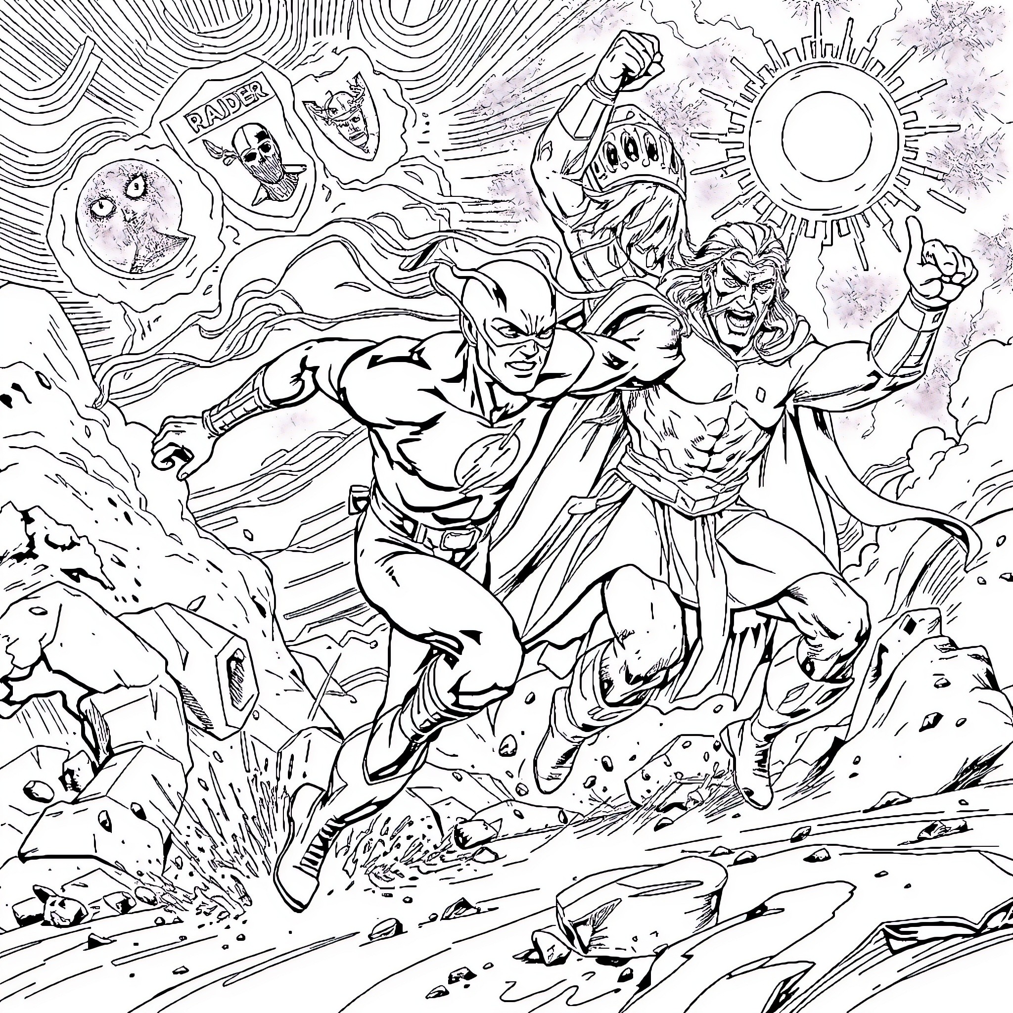 Flash of Heroic Action and Adventure Coloring Page (free black-and-white line drawing printable PDF for all, from beginners to advanced learners, including children, teens, adults, and seniors)
