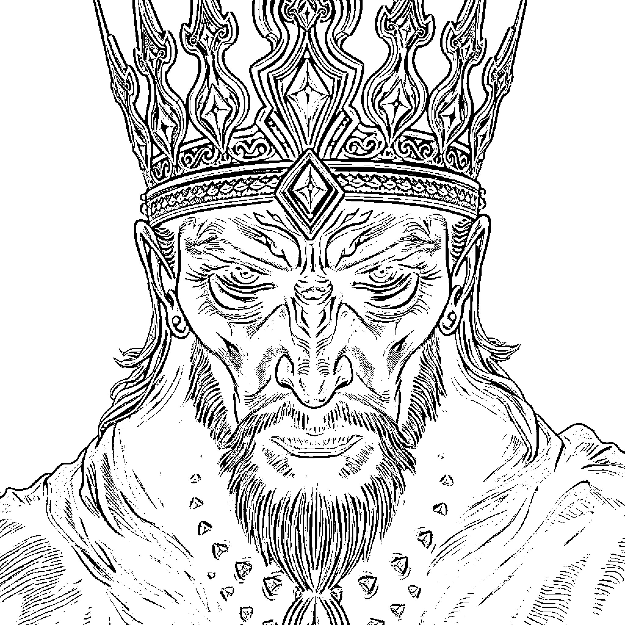 King with Detailed Intricate Crown and Stern Expression Coloring Page (free black-and-white line drawing printable PDF for all, from beginners to advanced learners, including children, teens, adults, and seniors)