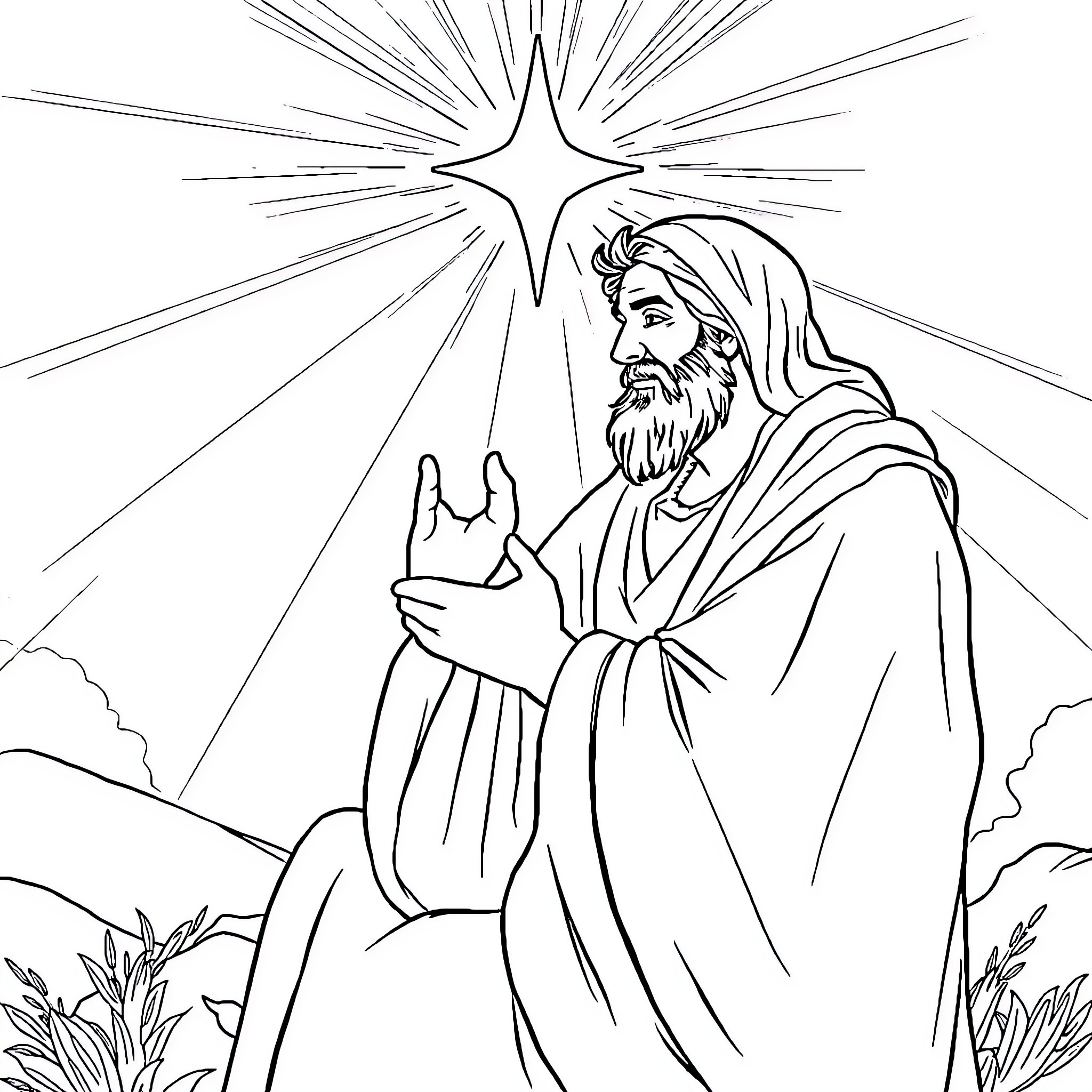 God's Guiding Light in the Wilderness Coloring Page (free black-and-white line drawing printable PDF for all, from beginners to advanced learners, including children, teens, adults, and seniors)