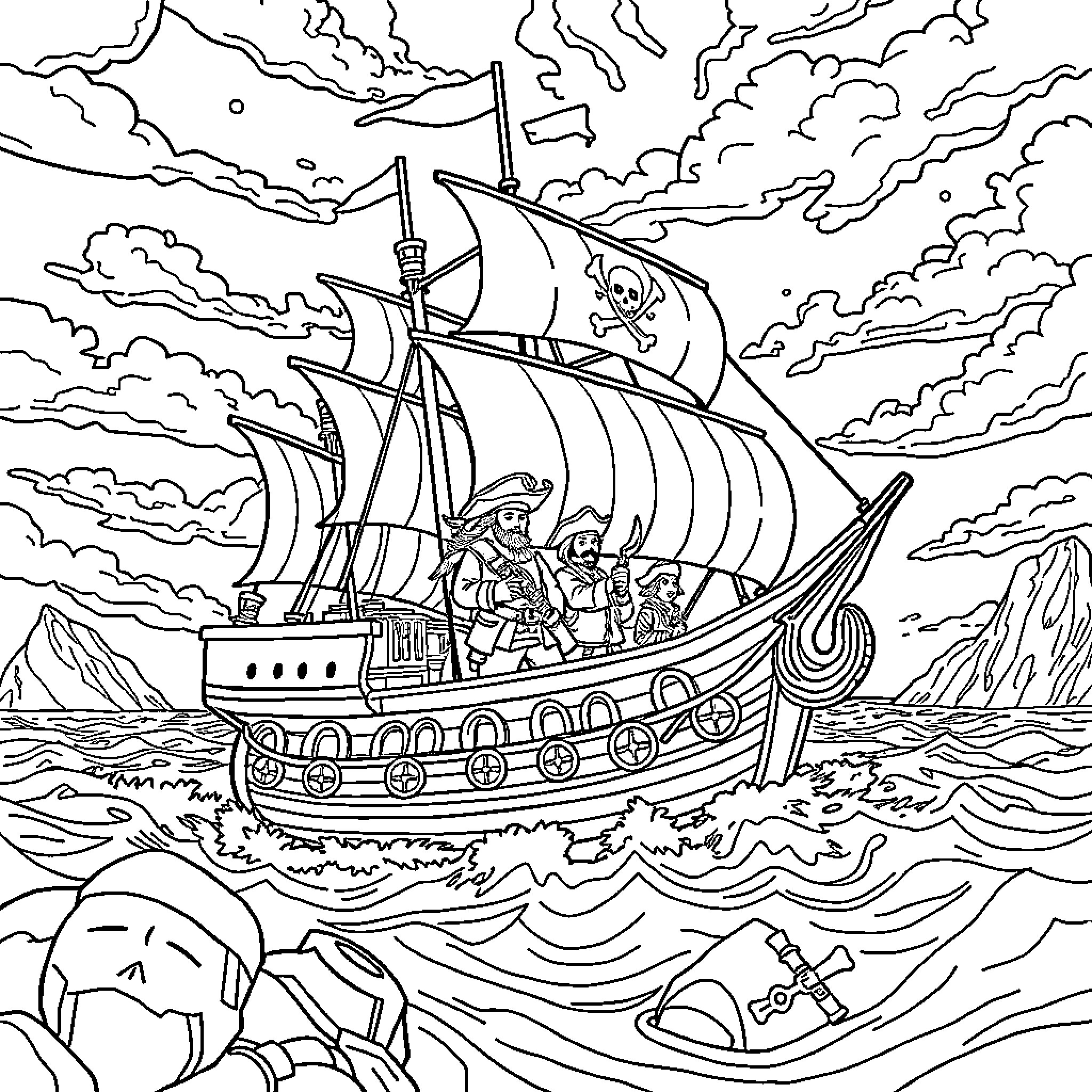 One Piece Pirate Ship Sailing on High Seas Coloring Page (free black-and-white line drawing printable PDF for all, from beginners to advanced learners, including children, teens, adults, and seniors)