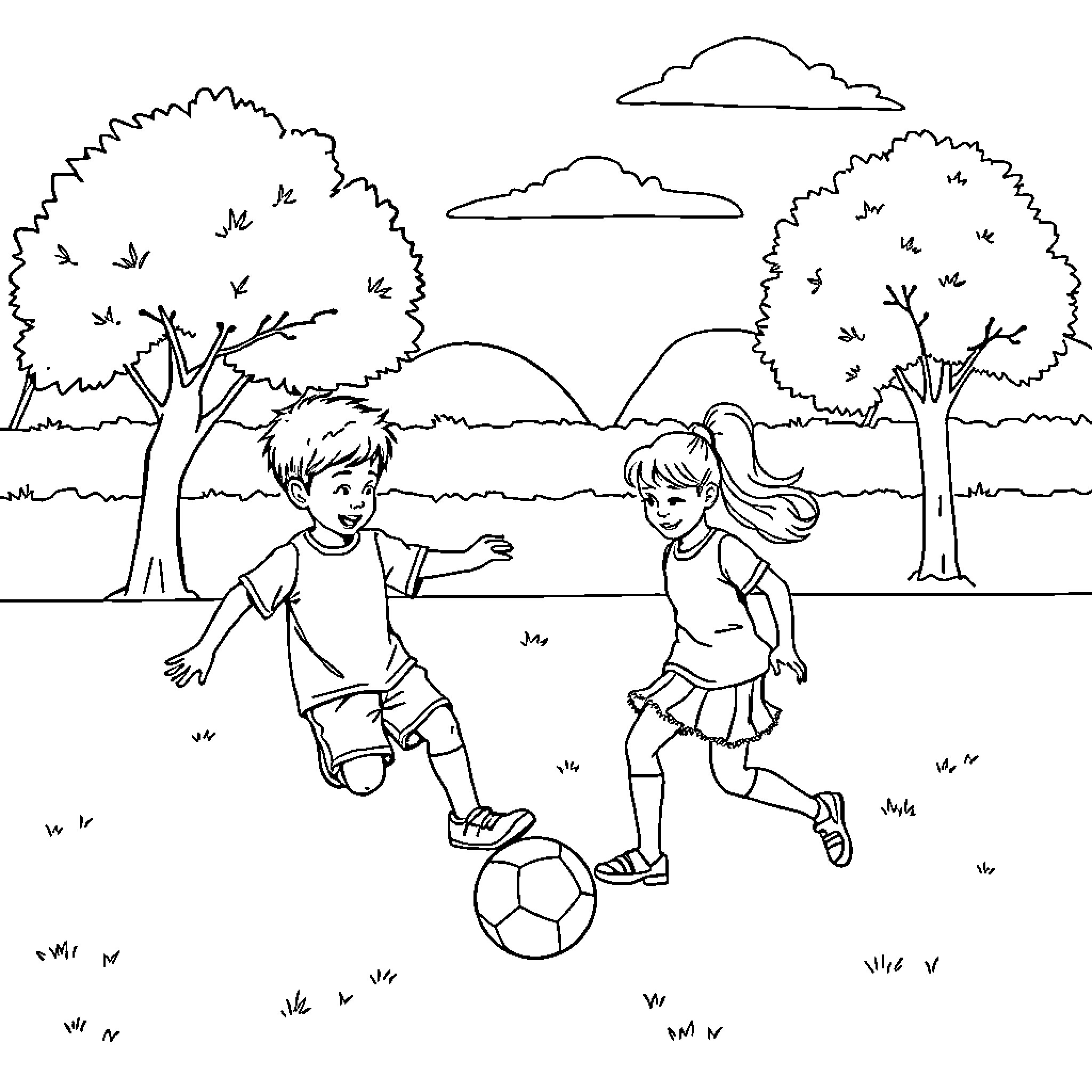 Niños playing soccer in the park Coloring Page (free black-and-white line drawing printable PDF for all, from beginners to advanced learners, including children, teens, adults, and seniors)
