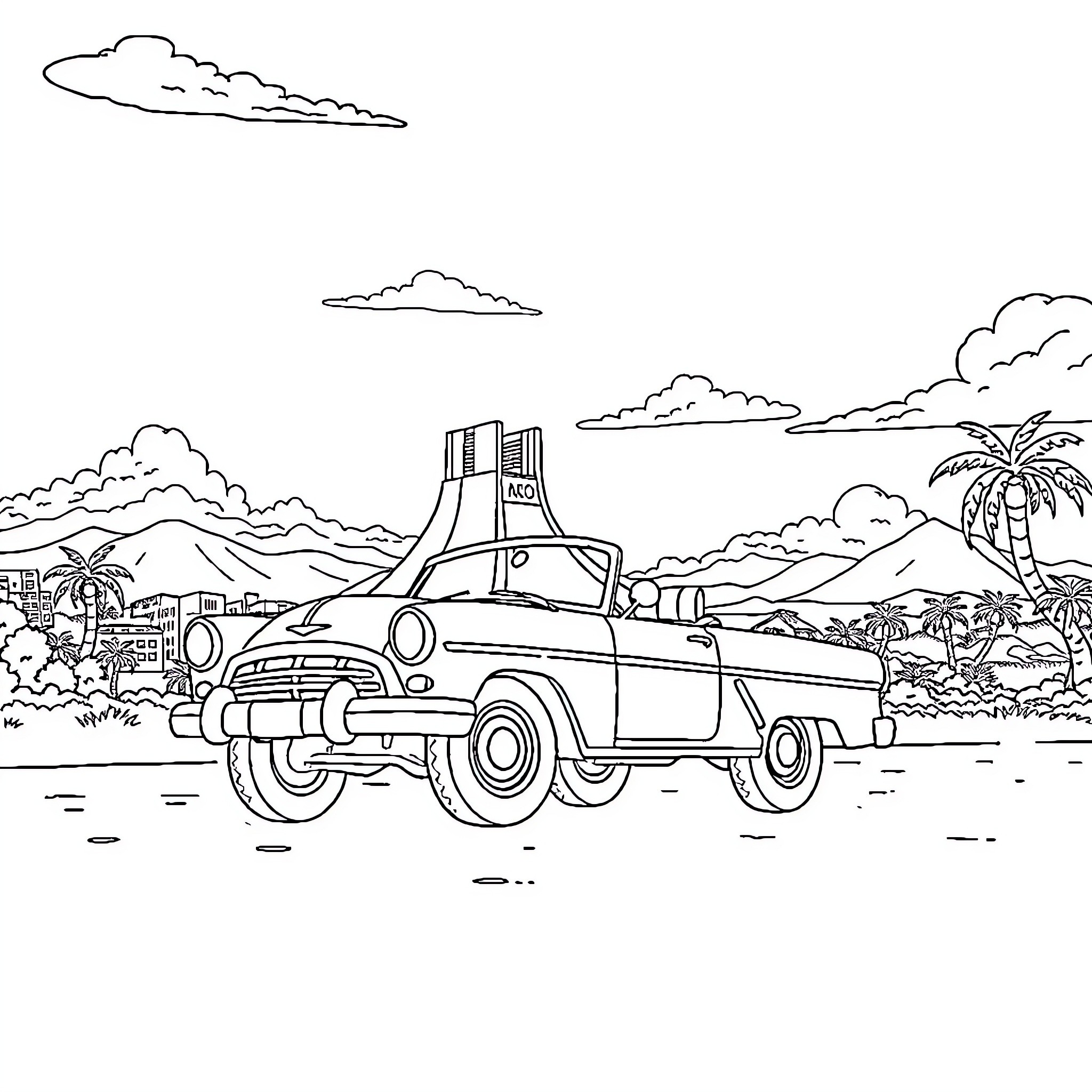 Car driving through tropical landscape Coloring Page (free black-and-white line drawing printable PDF for all, from beginners to advanced learners, including children, teens, adults, and seniors)