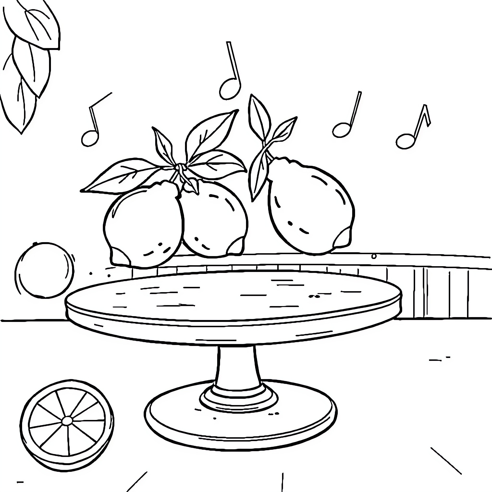 Lemon Fruit Arrangement with Musical Notes Coloring Page (free black-and-white line drawing printable PDF for all, from beginners to advanced learners, including children, teens, adults, and seniors)