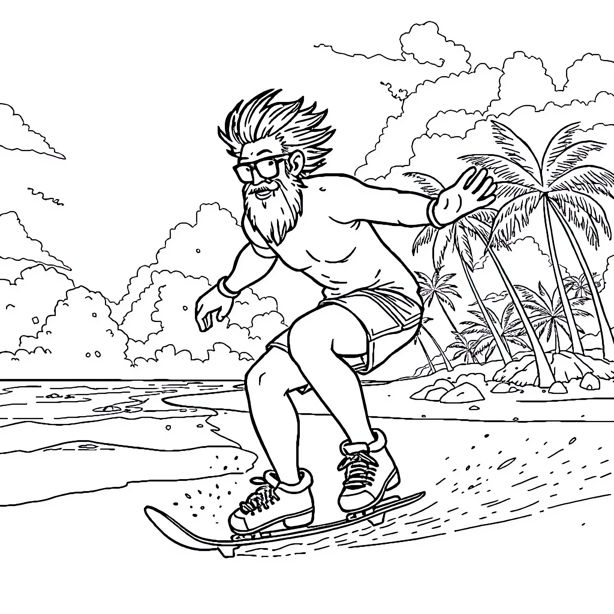 Brent Burns surfing in tropical paradise Coloring Page (free black-and-white line drawing printable PDF for all, from beginners to advanced learners, including children, teens, adults, and seniors)
