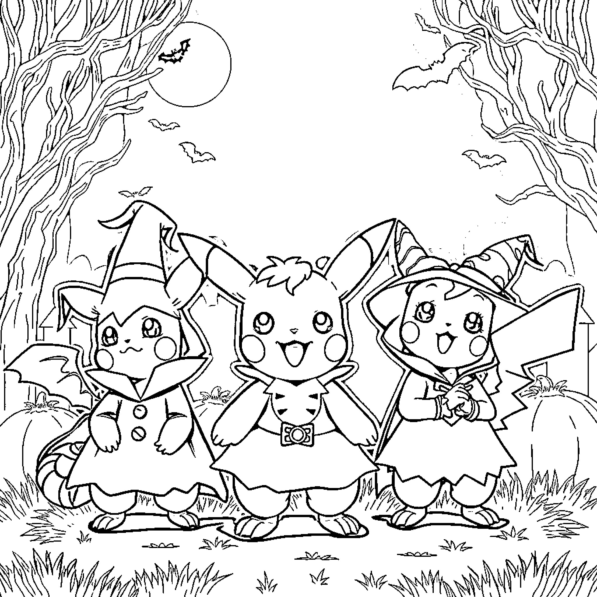 Pokémon Halloween Celebration in the Forest Coloring Page (free black-and-white line drawing printable PDF for all, from beginners to advanced learners, including children, teens, adults, and seniors)