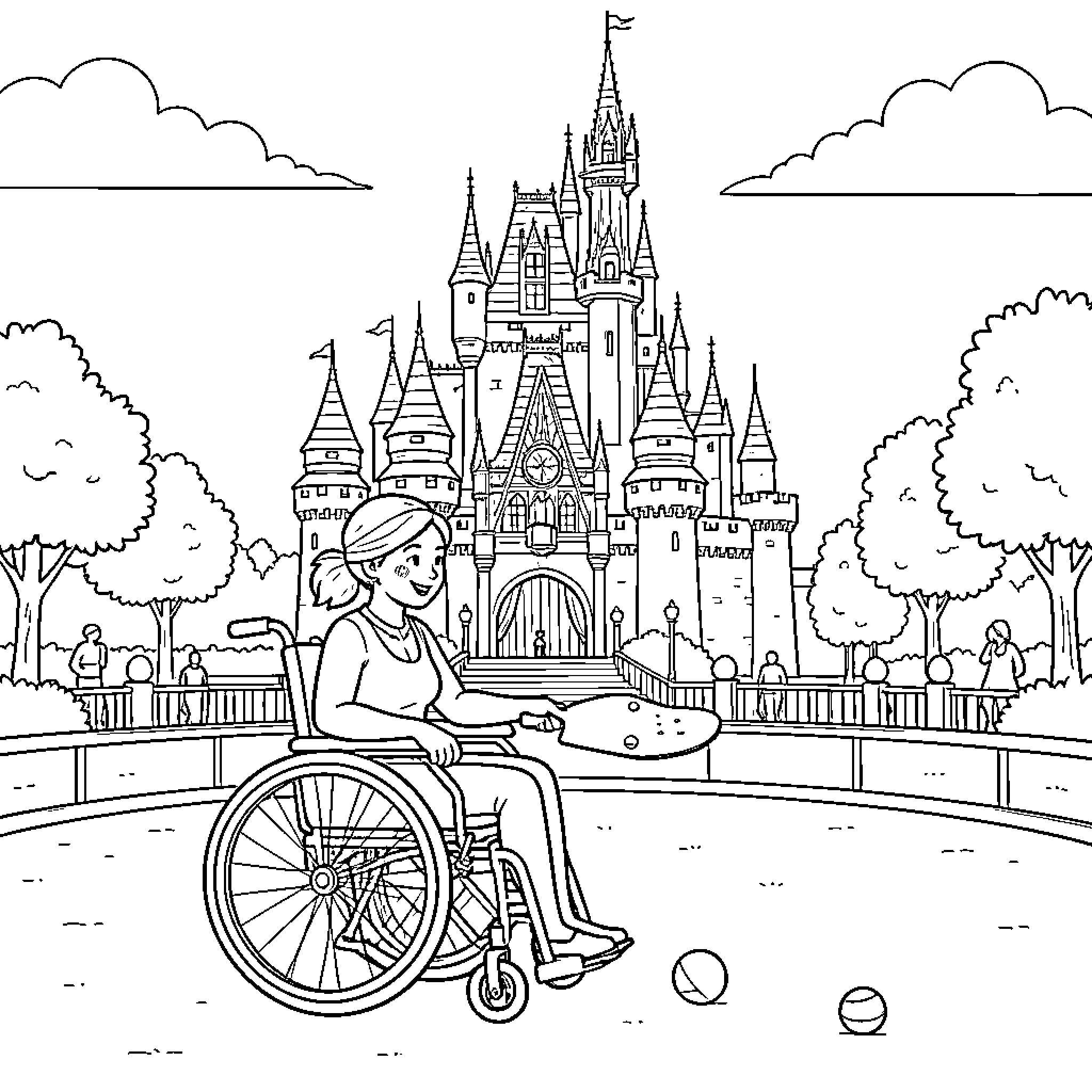 Dame playing paddleball while sitting in a wheelchair Coloring Page (free black-and-white line drawing printable PDF for all, from beginners to advanced learners, including children, teens, adults, and seniors)