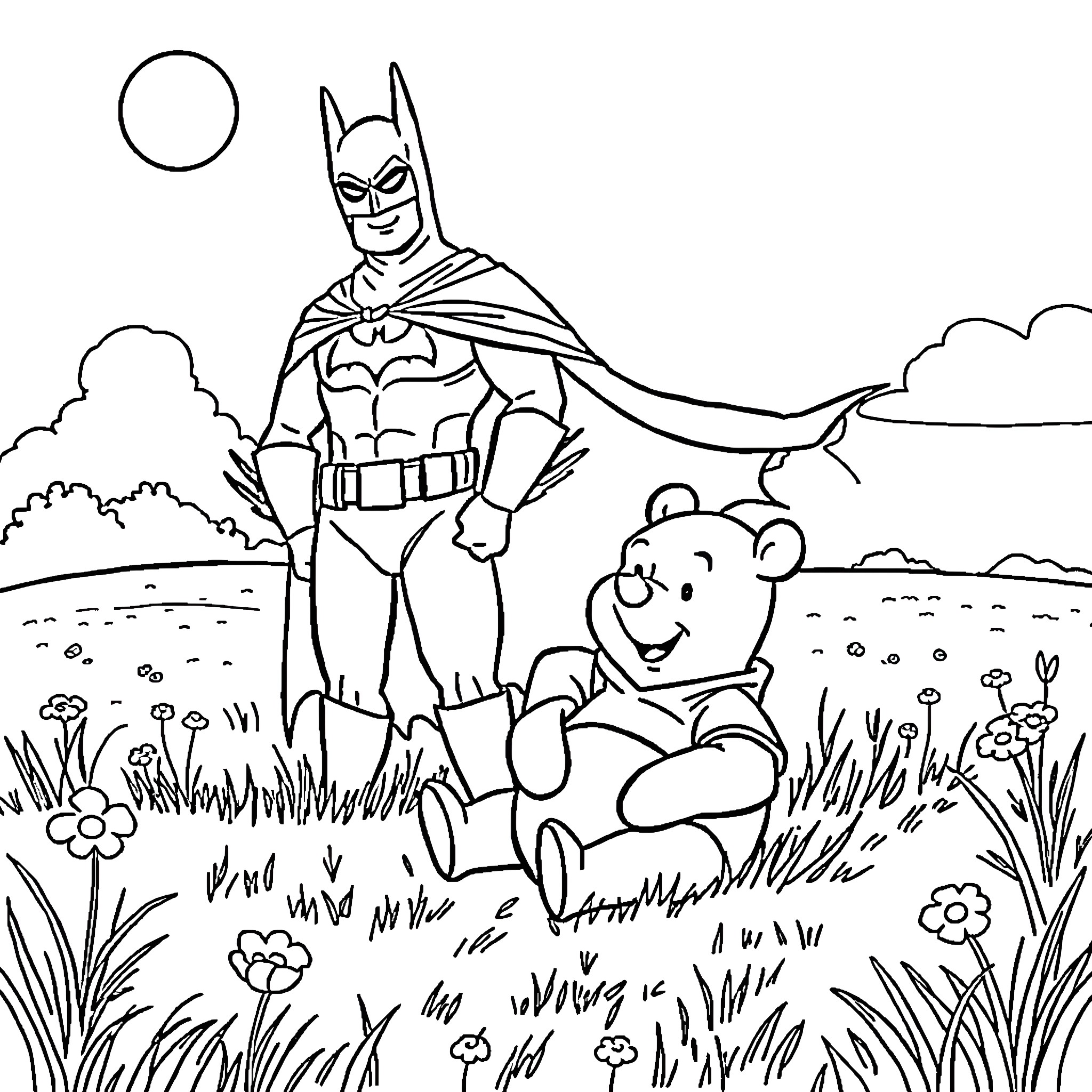 Winnie The Pooh and Batman enjoying the outdoors Coloring Page (free black-and-white line drawing printable PDF for all, from beginners to advanced learners, including children, teens, adults, and seniors)