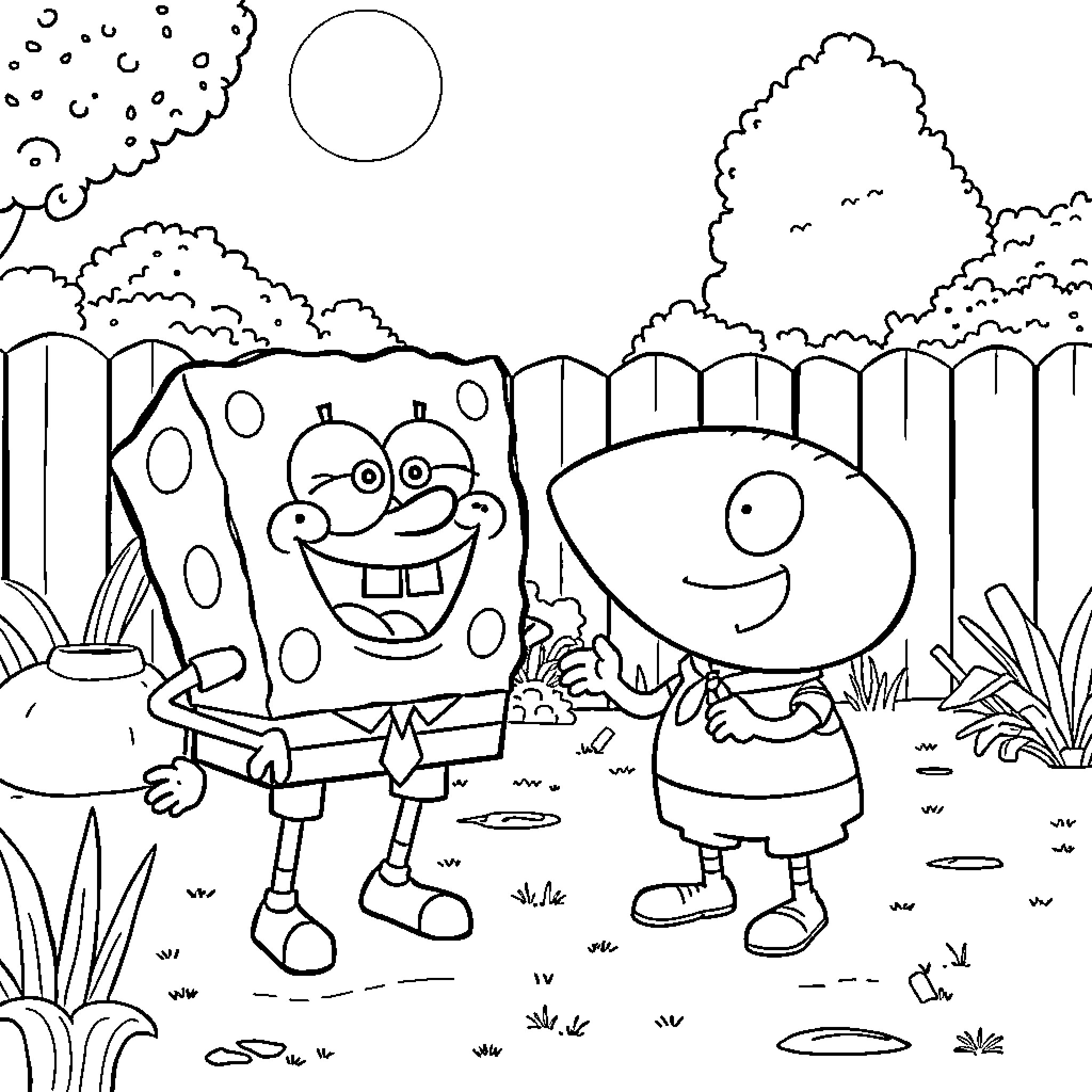 Sponge Bob and friend in outdoor adventure Coloring Page (free black-and-white line drawing printable PDF for all, from beginners to advanced learners, including children, teens, adults, and seniors)