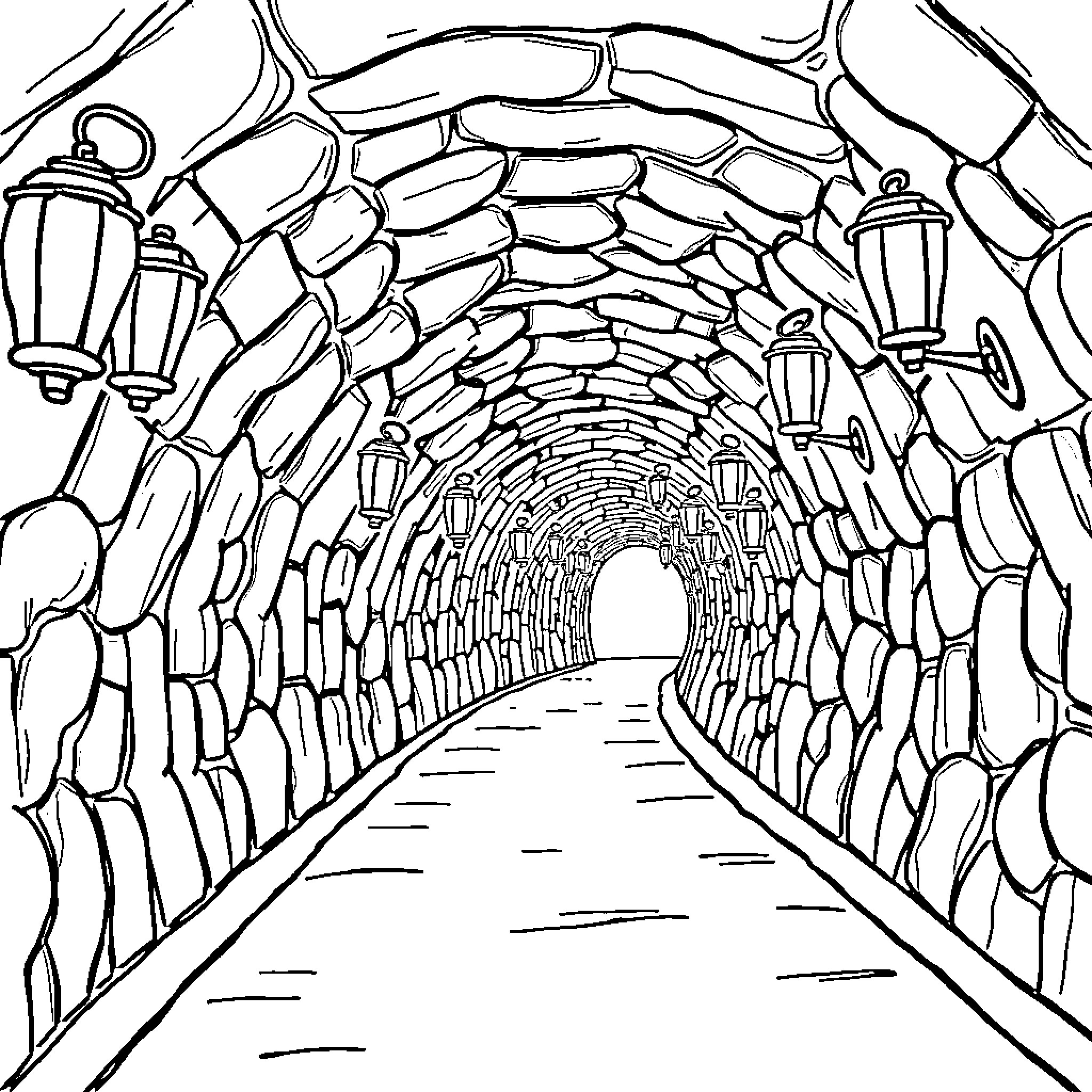 Tunnel of Illuminated Arches Coloring Page (free black-and-white line drawing printable PDF for all, from beginners to advanced learners, including children, teens, adults, and seniors)