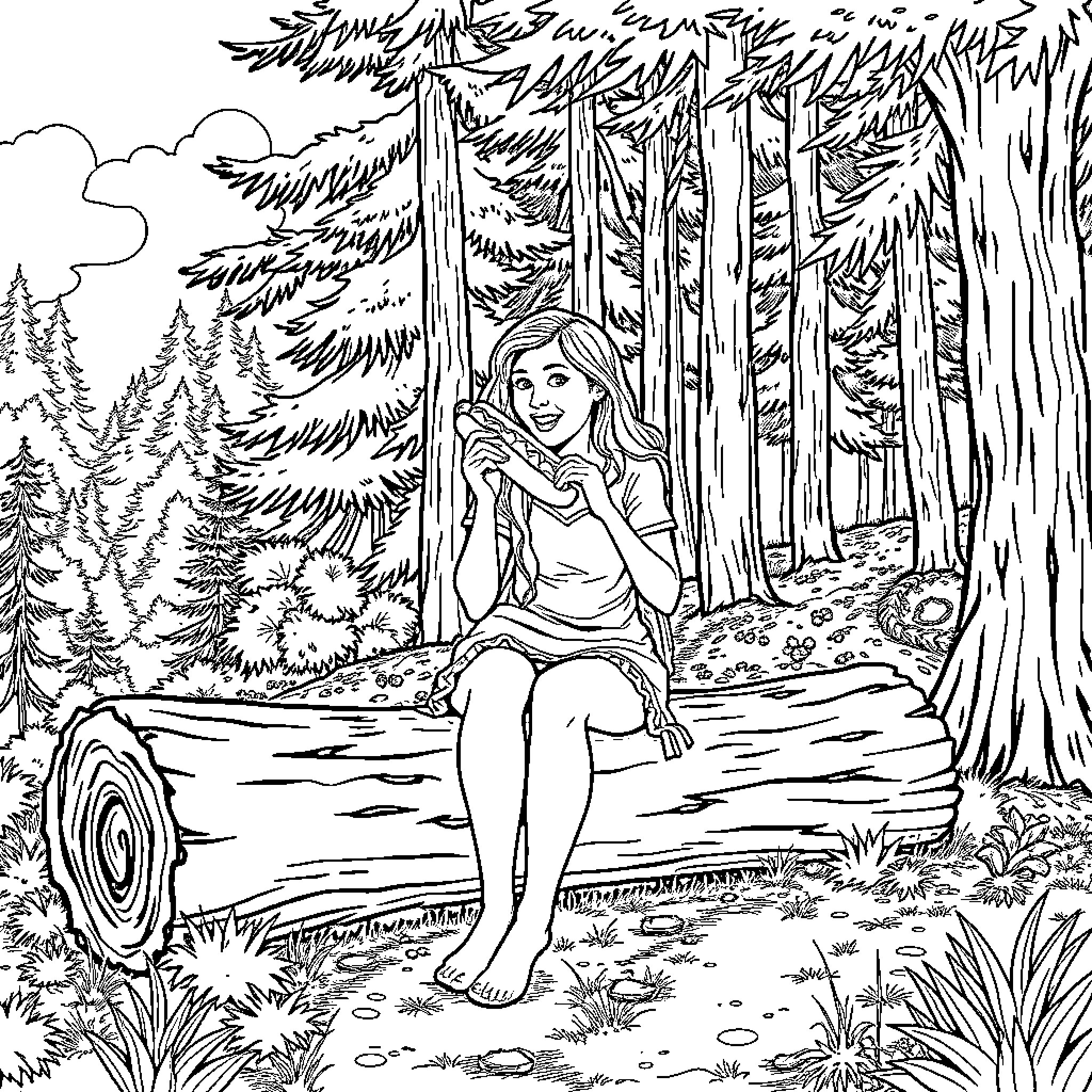 Lady relaxing in serene forest landscape Coloring Page (free black-and-white line drawing printable PDF for all, from beginners to advanced learners, including children, teens, adults, and seniors)