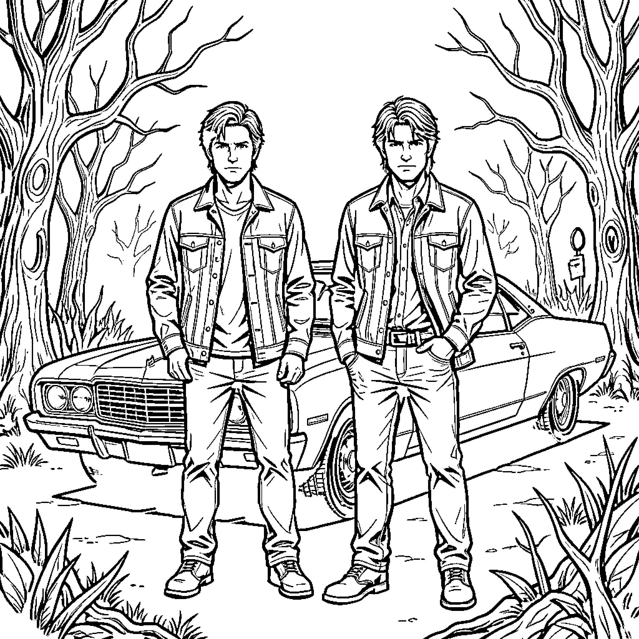 Supernatural characters standing in front of a classic car Coloring Page (free black-and-white line drawing printable PDF for all, from beginners to advanced learners, including children, teens, adults, and seniors)