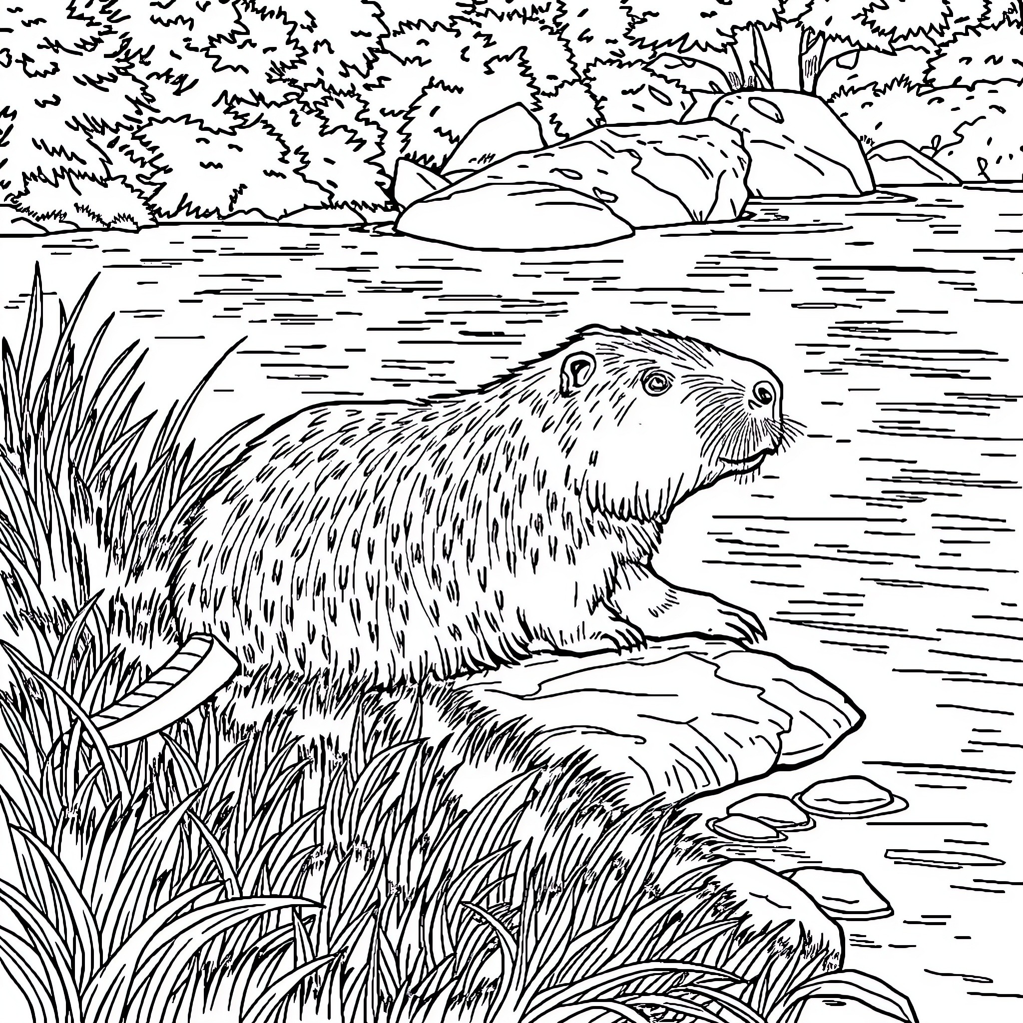 Capybara lounging near a serene lake Coloring Page (free black-and-white line drawing printable PDF for all, from beginners to advanced learners, including children, teens, adults, and seniors)