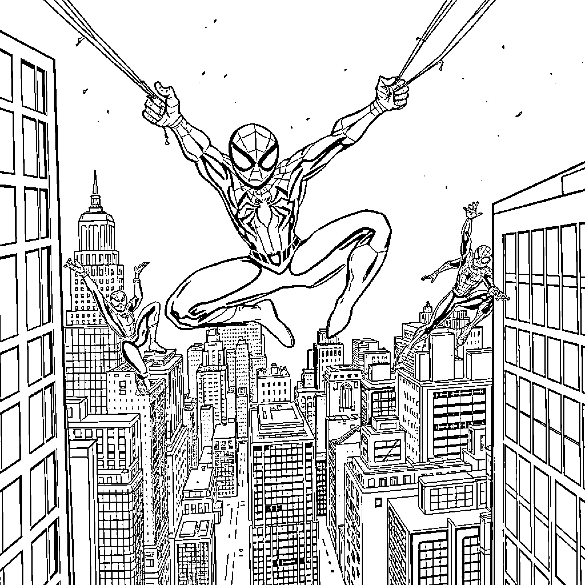 Spider-Man swinging over the city skyline Coloring Page (free black-and-white line drawing printable PDF for all, from beginners to advanced learners, including children, teens, adults, and seniors)